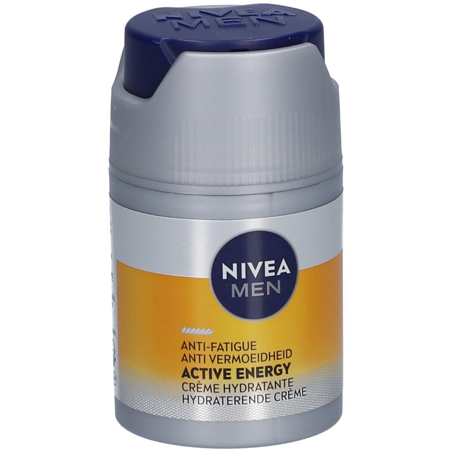 Crème NIVEA MEN Active Energy. Pot gris avec couvercle bleu. Bande jaune avec nom du produit et texte.