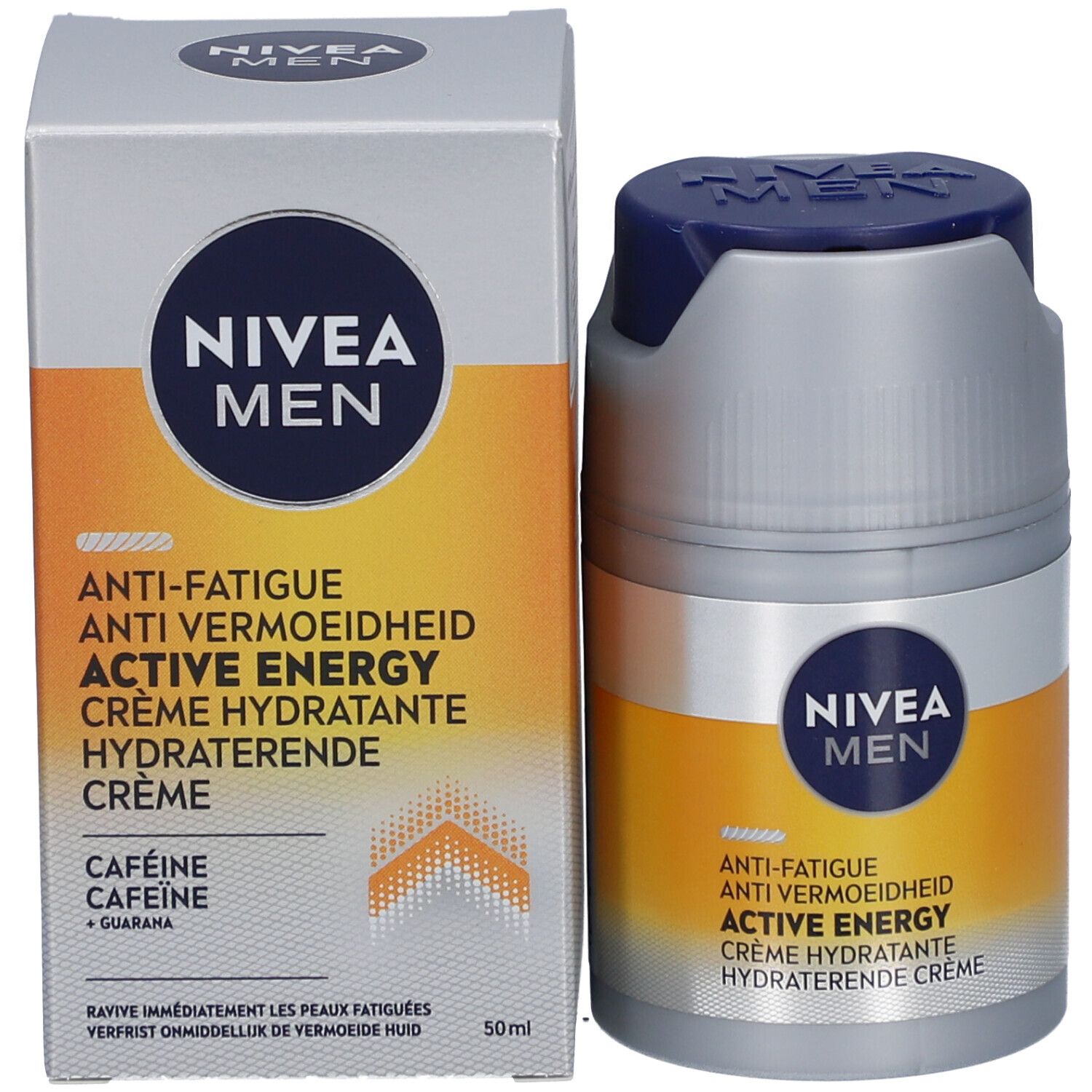 Crème NIVEA MEN Active Energy et emballage. Pot et boîte gris avec nom du produit et texte.