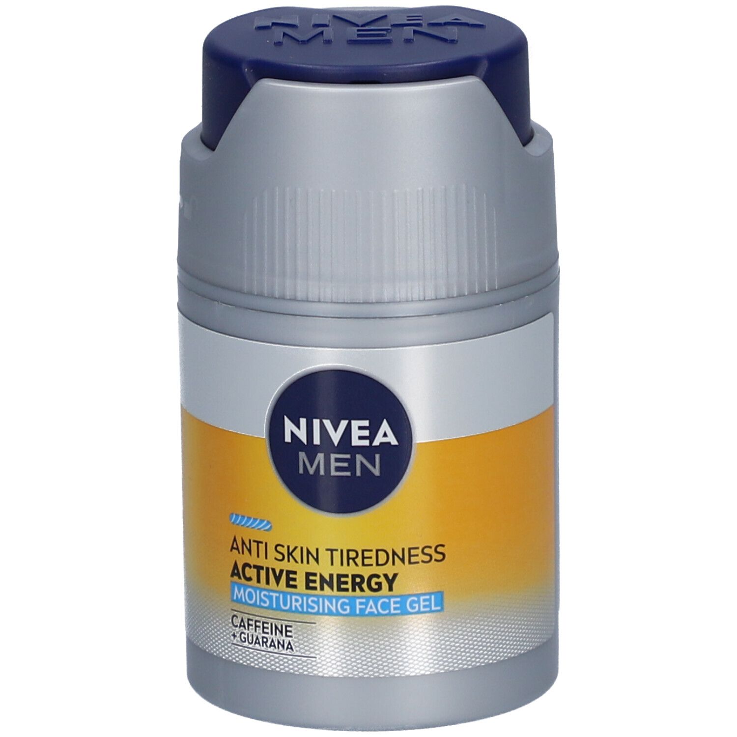 Graue Flasche mit blauem Deckel. Aufschrift: NIVEA MEN, ACTIVE ENERGY, Feuchtigkeitsgel. Gelbe und weiße Akzente.