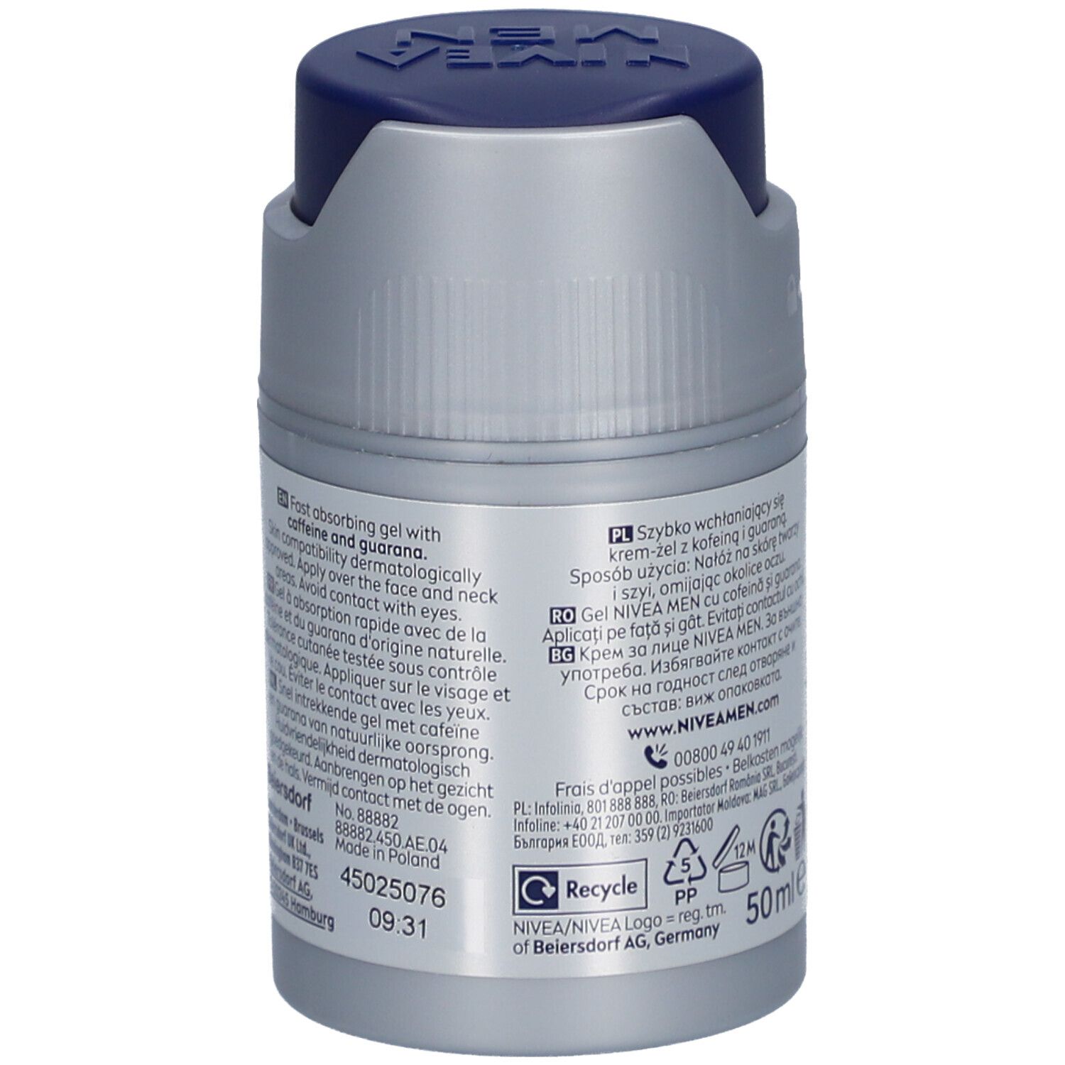 Rückseite der grauen Flasche mit blauem Deckel. Text in mehreren Sprachen. Aufschrift: 50ml, Recycling-Symbol.