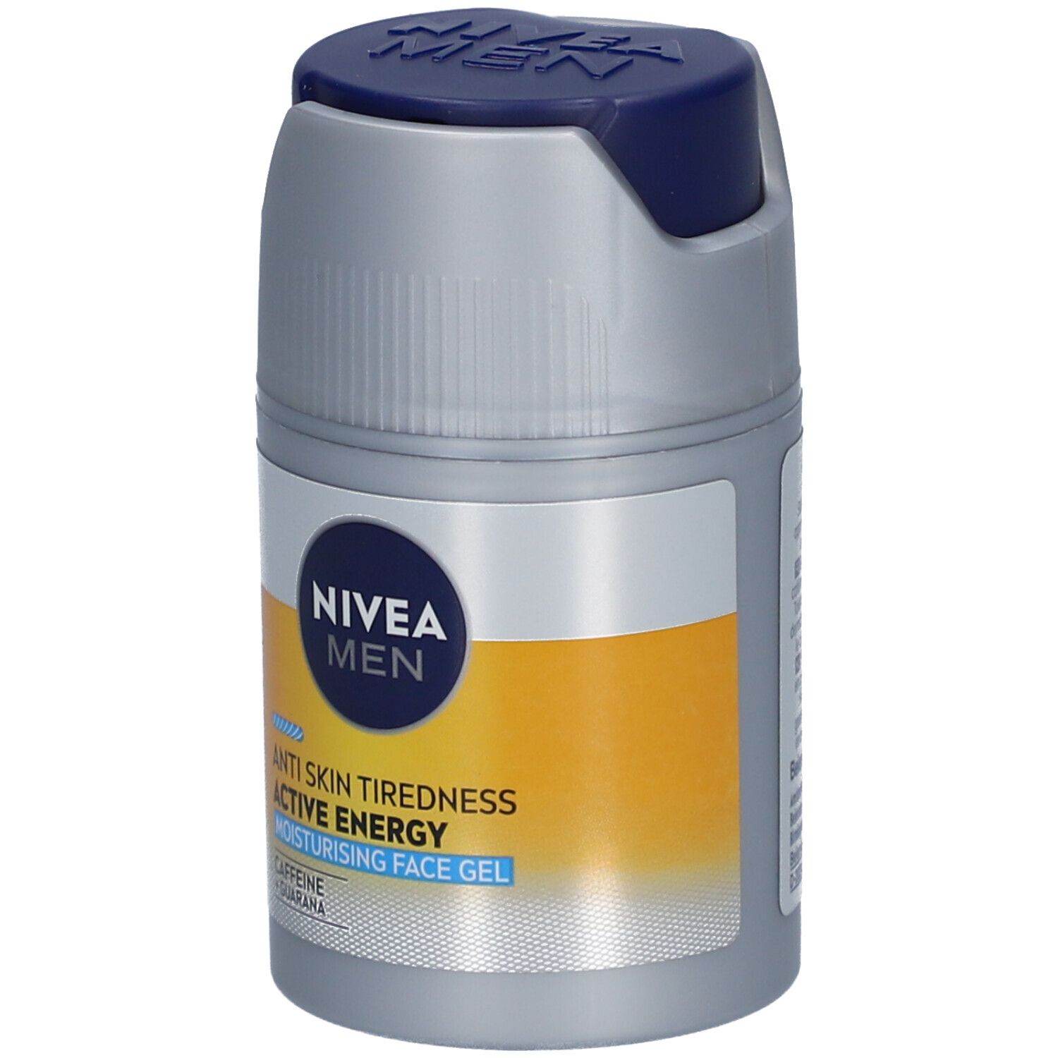 Graue Flasche mit blauem Deckel. Aufschrift: NIVEA MEN, ACTIVE ENERGY, Feuchtigkeitsgel. Gelbe und weiße Akzente.