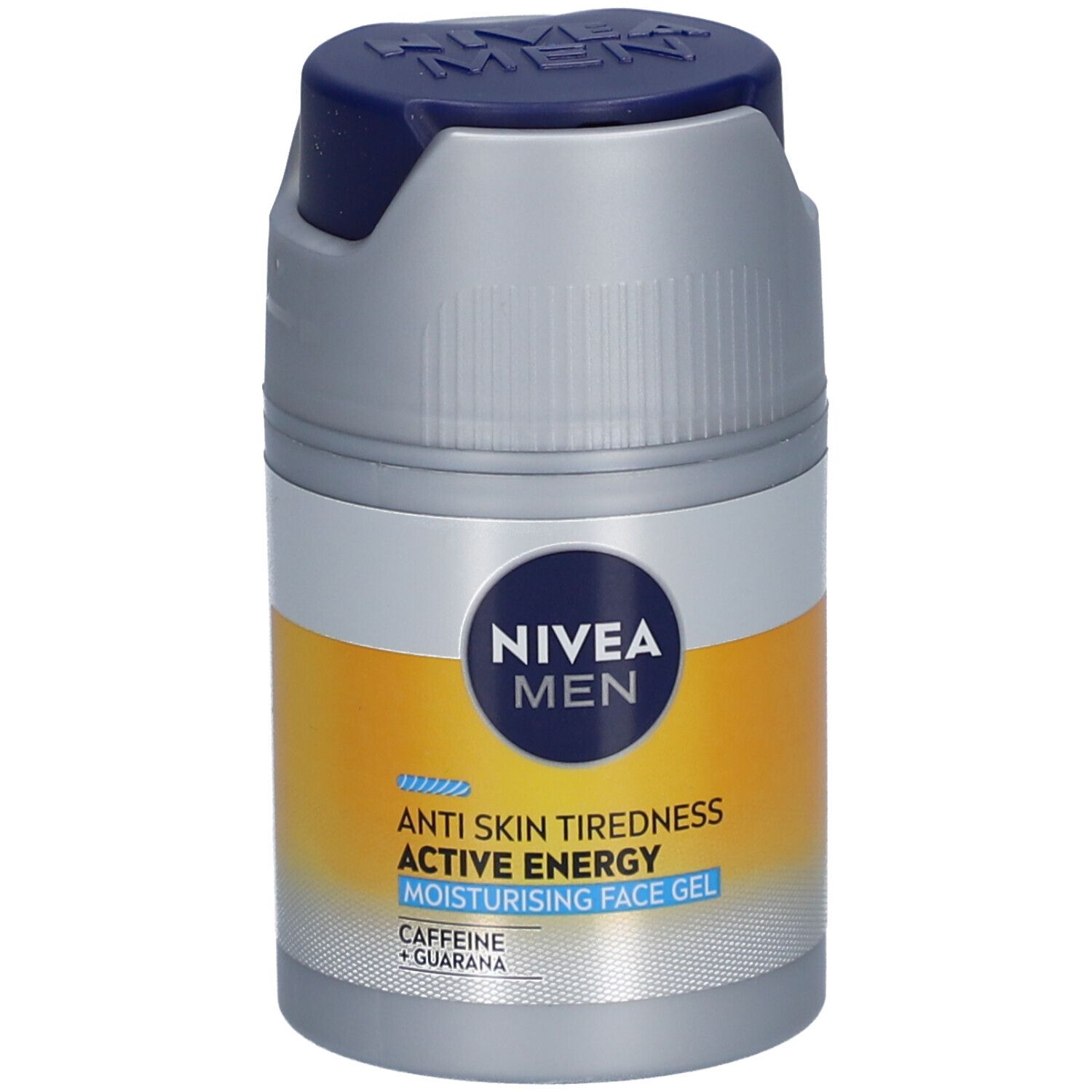 Graue Flasche mit blauem Deckel. Aufschrift: NIVEA MEN, ACTIVE ENERGY, Feuchtigkeitsgel. Gelbe und weiße Akzente.