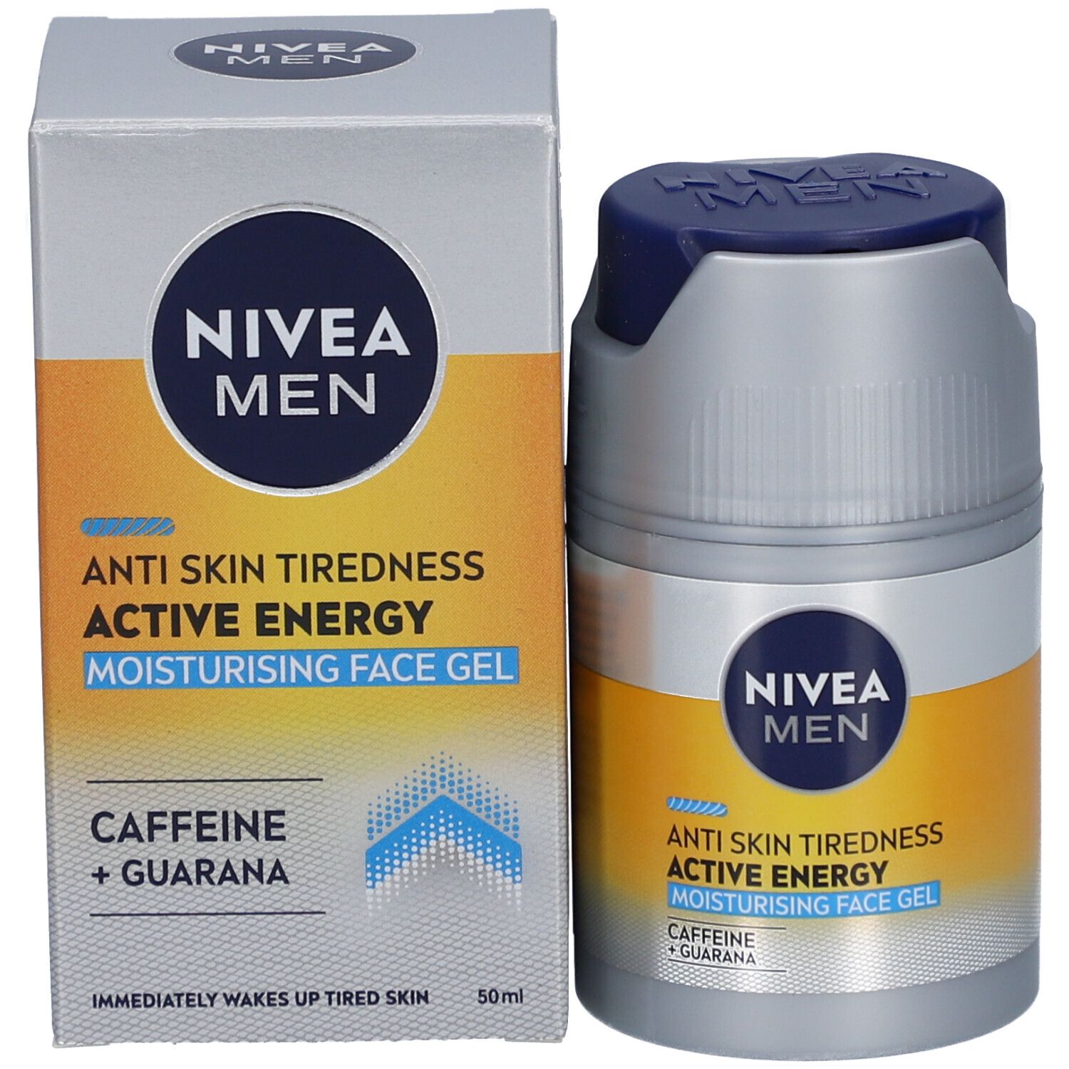 Produkt und Verpackung. Graue Flasche mit blauem Deckel und Karton. Aufschrift: NIVEA MEN, ACTIVE ENERGY.