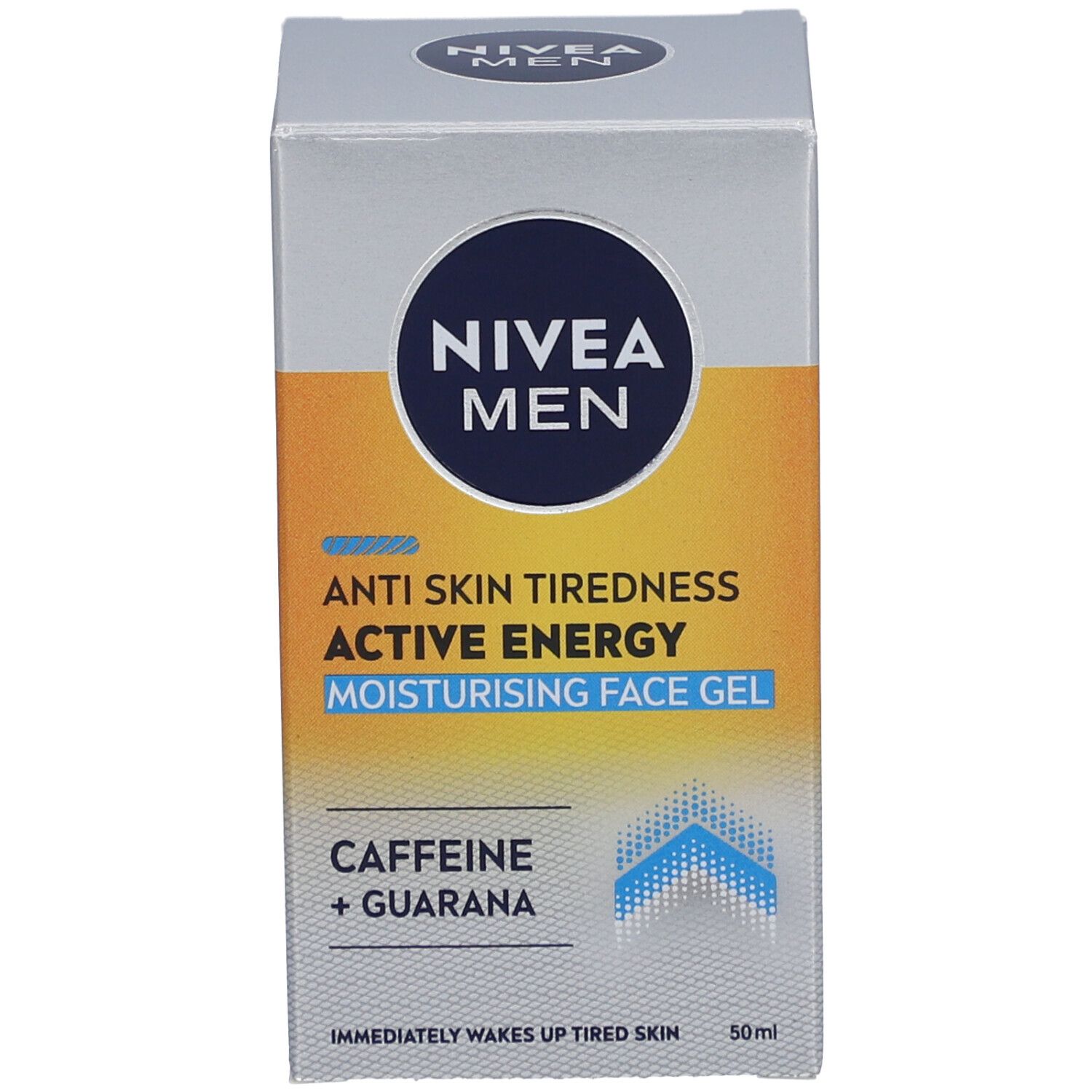 Kartonverpackung. Aufschrift: NIVEA MEN, ACTIVE ENERGY, Feuchtigkeitsgel. Gelbe und weiße Akzente. 50ml.