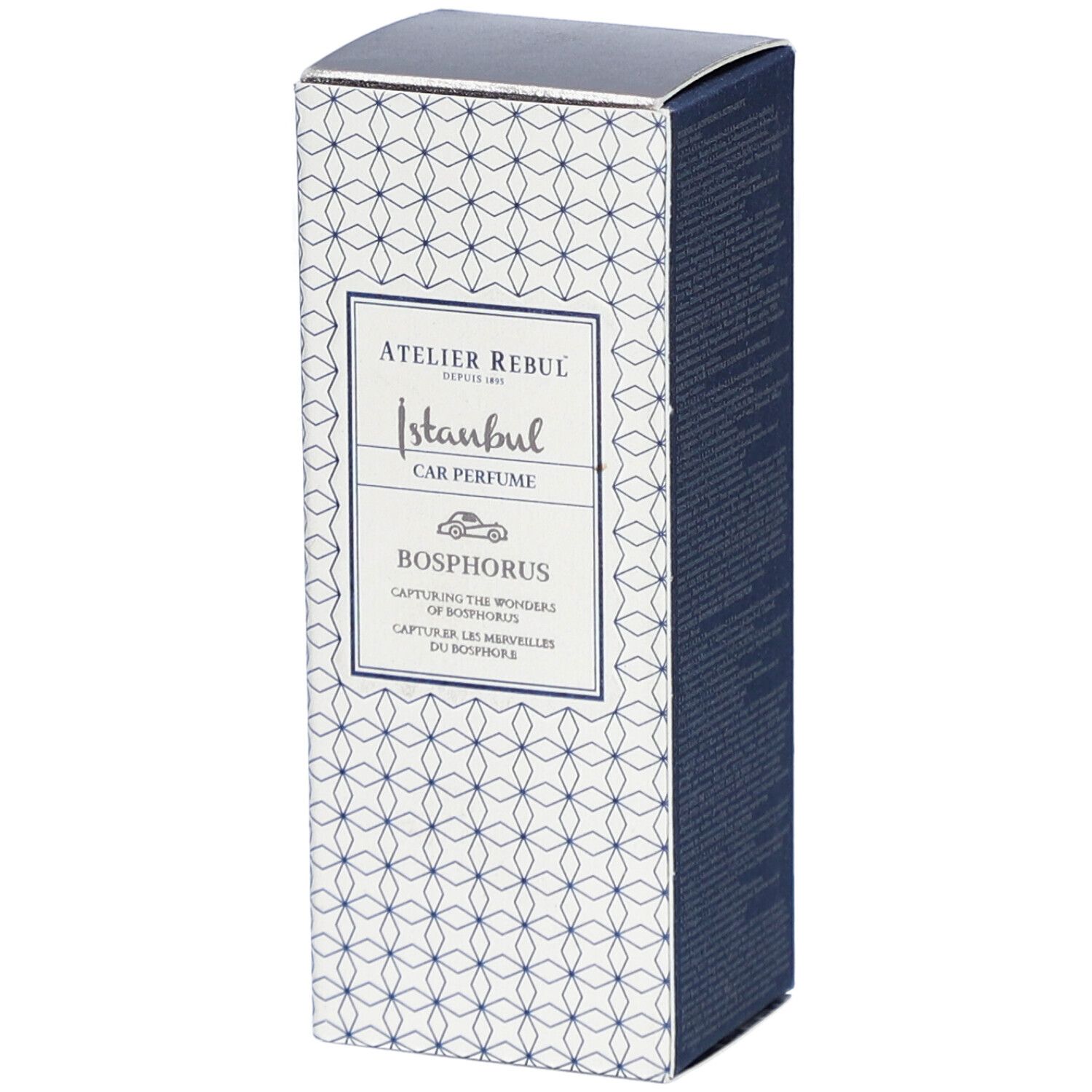 Atelier Rebul Istanbul Bosphorus Parfum Voiture. Rechteckige Schachtel mit Markenlogo und Produktnamen. Blau-weißes Muster.