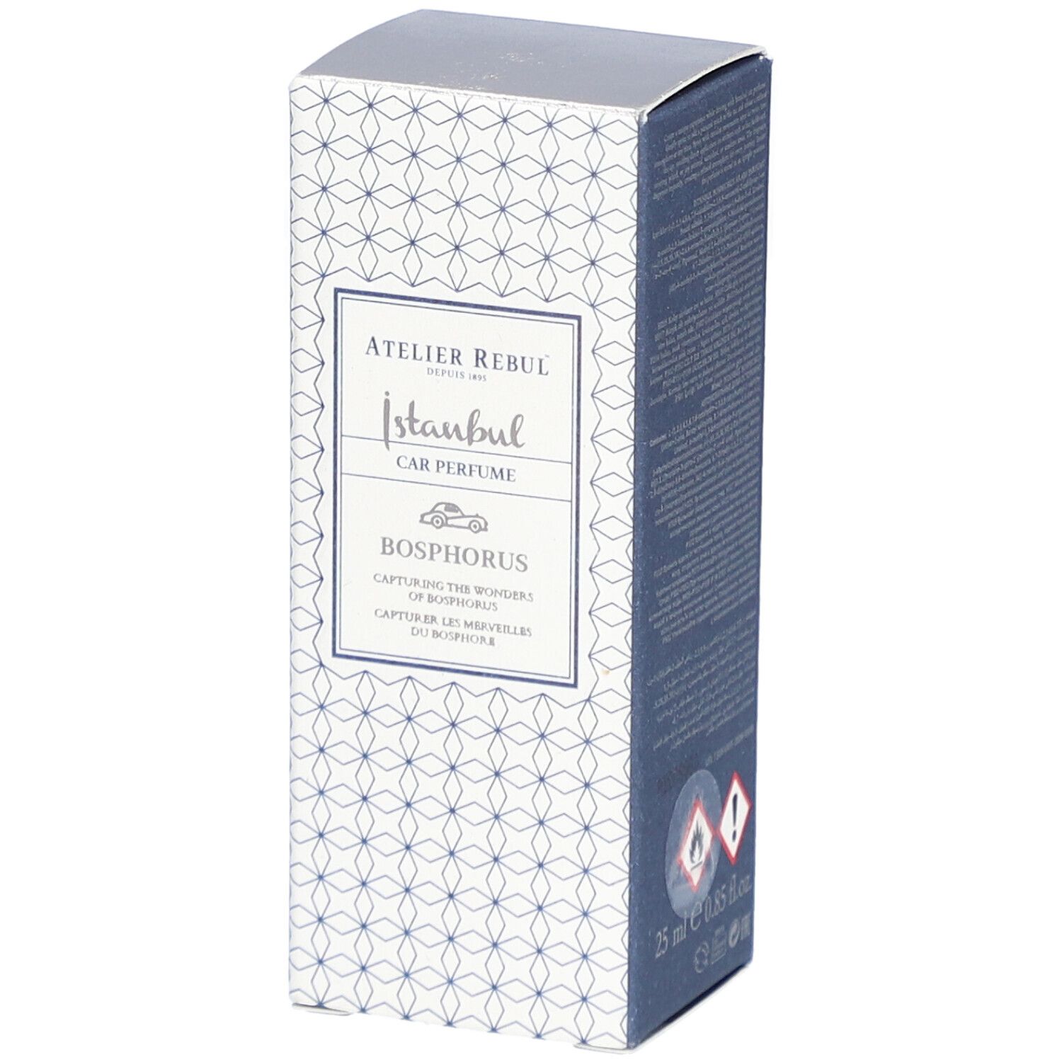 Atelier Rebul Istanbul Bosphorus Parfum Voiture. Schachtel mit Markenlogo und Produktnamen. Blau-weißes Muster.