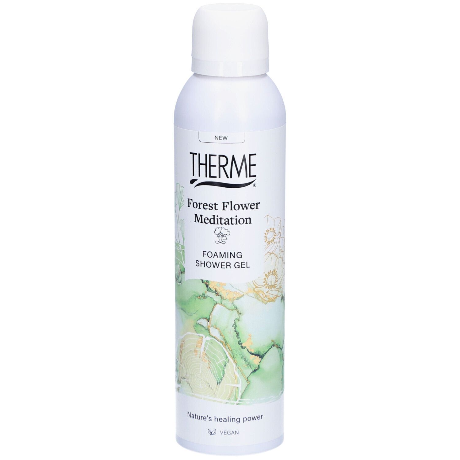 Therme Forest Flower Meditation Duschgel. Weiße Flasche mit Sprühkopf. Grün-goldenes Design. Vegan.