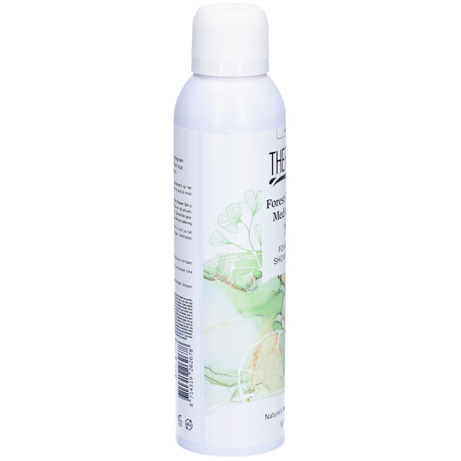 Therme Forest Flower Meditation Duschgel. Weiße Flasche, Seitenansicht. Grün-goldenes Design. Text.