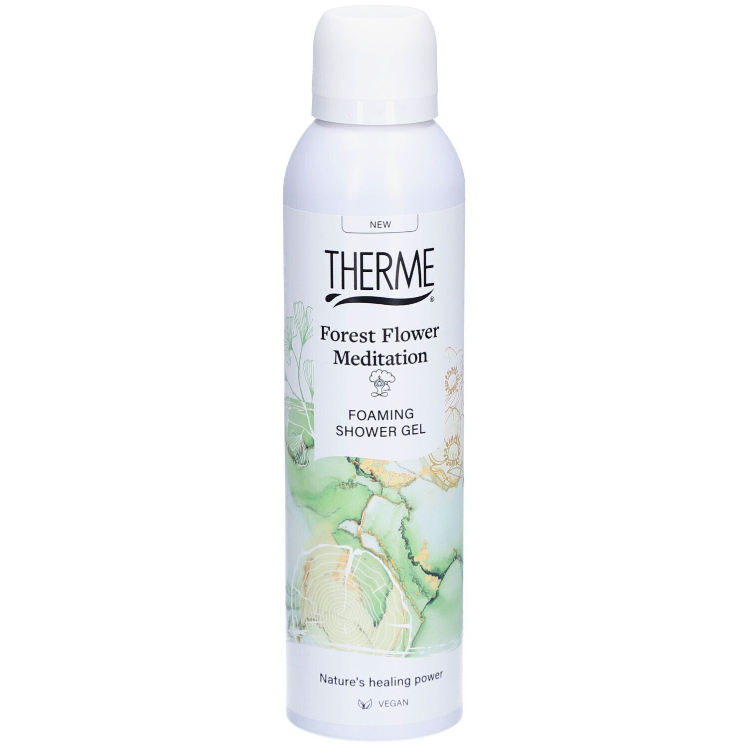 Therme Forest Flower Meditation Duschgel. Weiße Flasche mit Sprühkopf. Grün-goldenes Design. Vegan.
