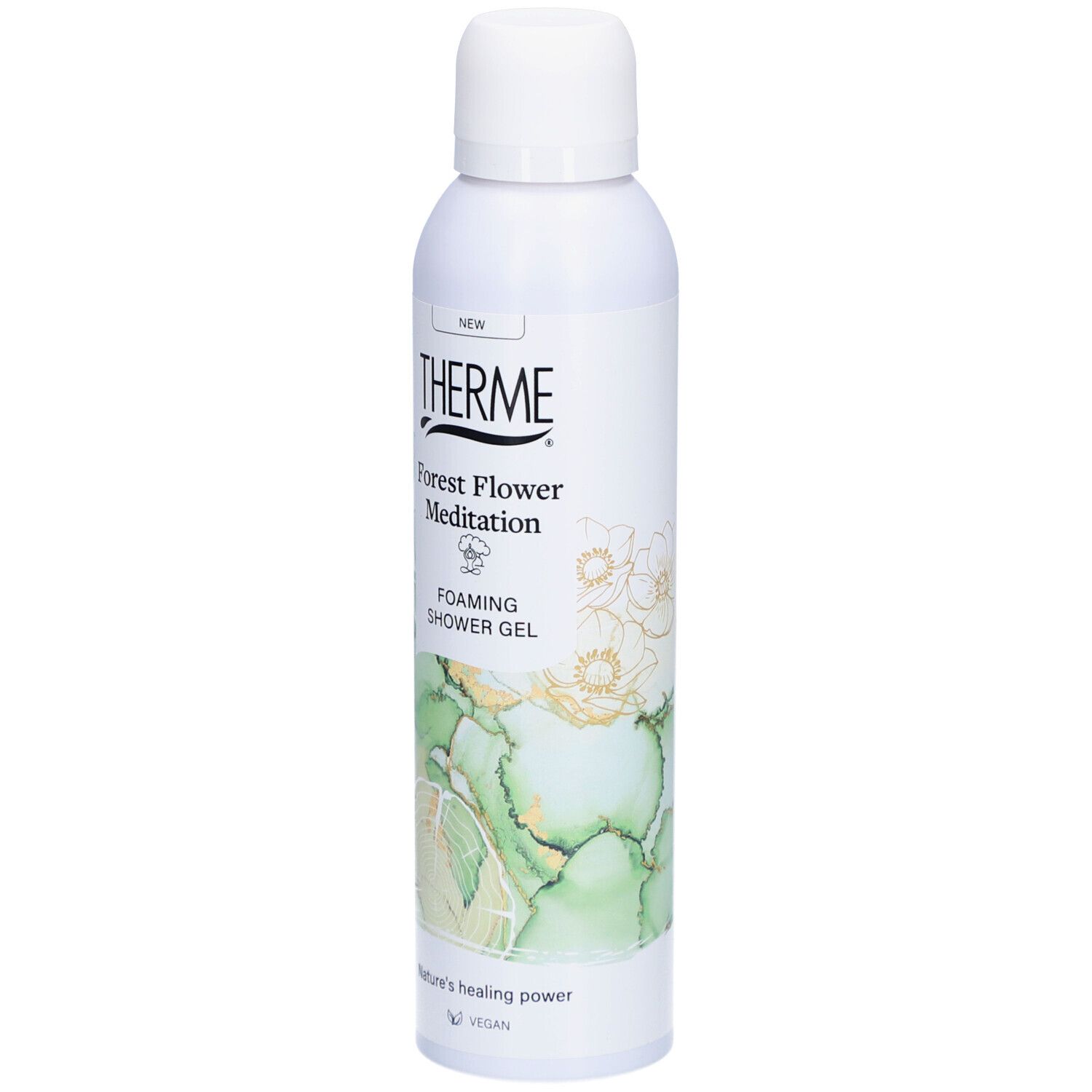 Therme Forest Flower Meditation Duschgel. Weiße Flasche mit Sprühkopf. Grün-goldenes Design. Vegan.