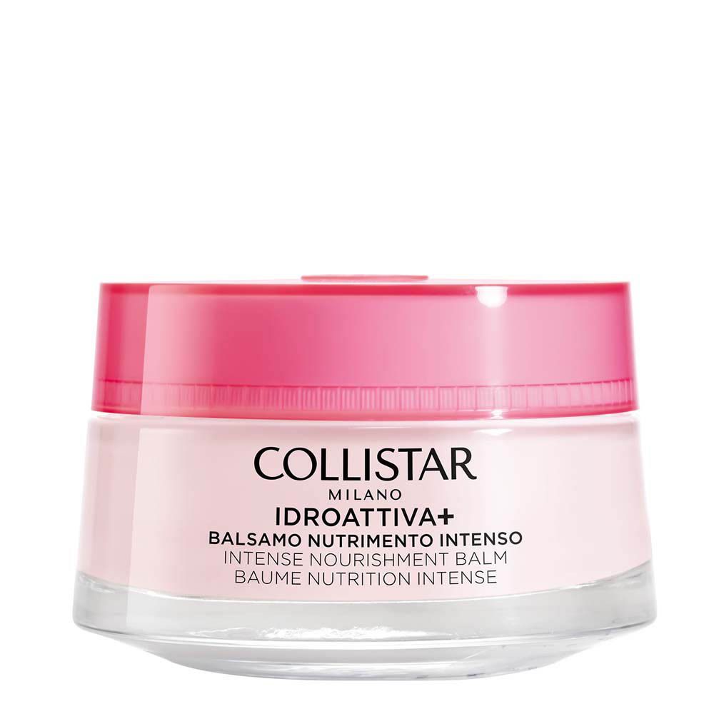Pot de crème avec couvercle rose. Inscription : Collistar, Idroattiva+, Balsamo Nutrimento Intenso.