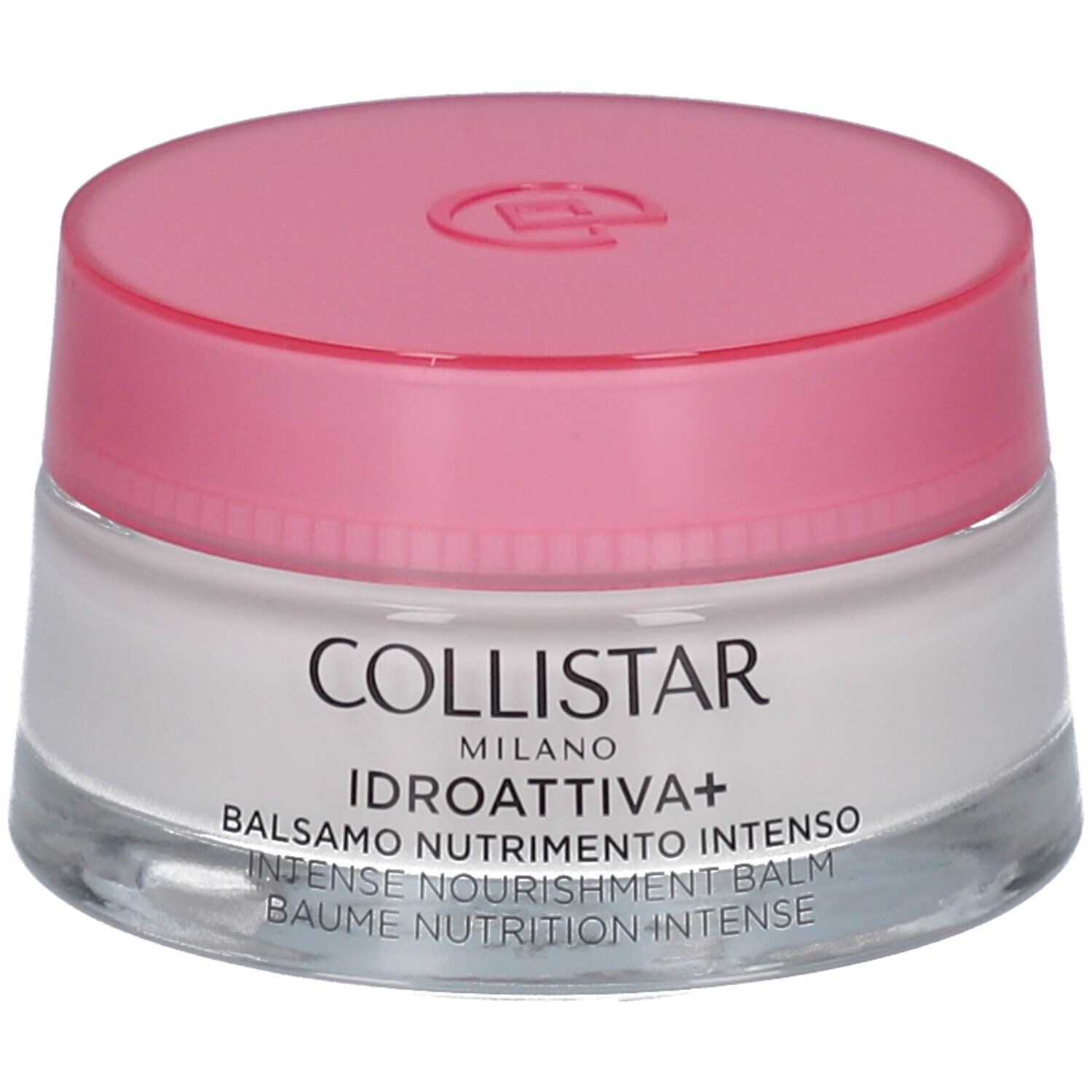 Pot de crème avec couvercle rose. Inscription : Collistar, Idroattiva+, Balsamo Nutrimento Intenso.