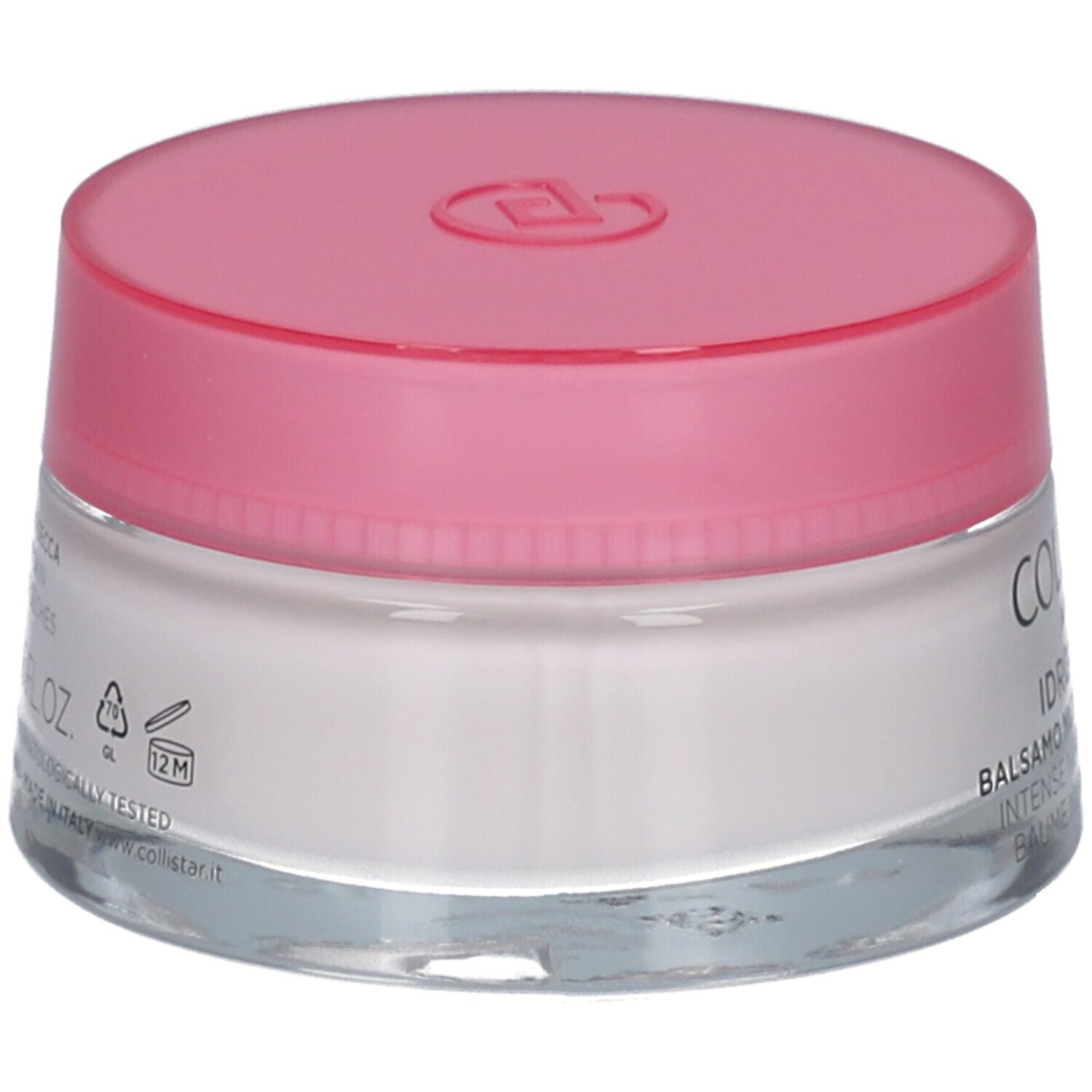 Pot de crème avec couvercle rose. Inscription : Collistar, Idroattiva+, Balsamo Nutrimento Intenso.