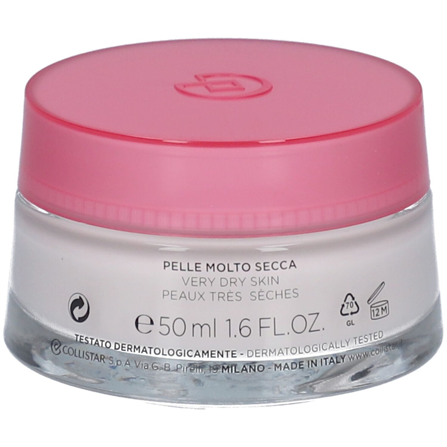 Pot de crème avec couvercle rose. Inscription : Collistar, Idroattiva+, Balsamo Nutrimento Intenso. Pour peaux très sèches.
