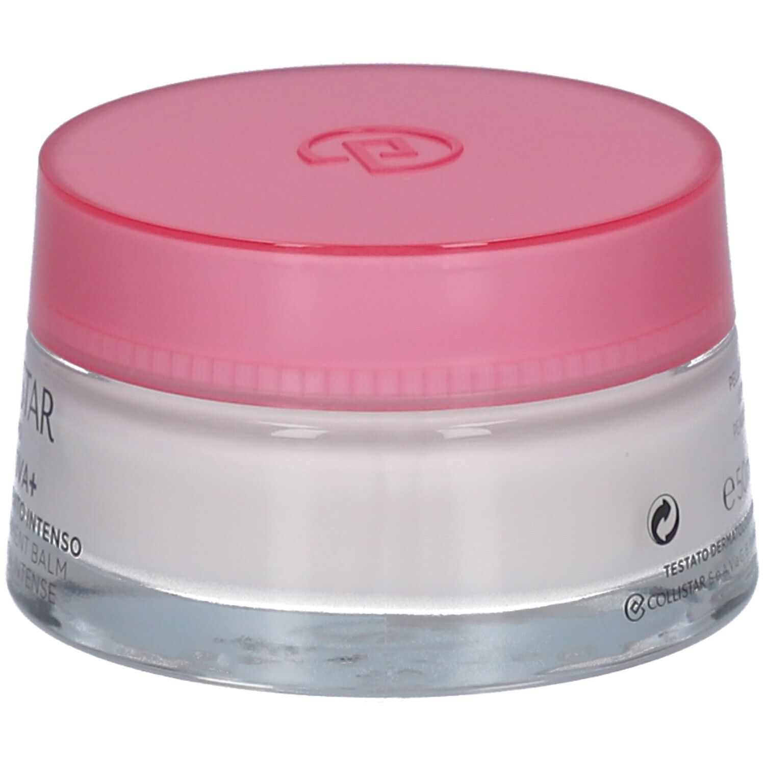 Pot de crème avec couvercle rose. Inscription : Collistar, Idroattiva+, Balsamo Nutrimento Intenso.