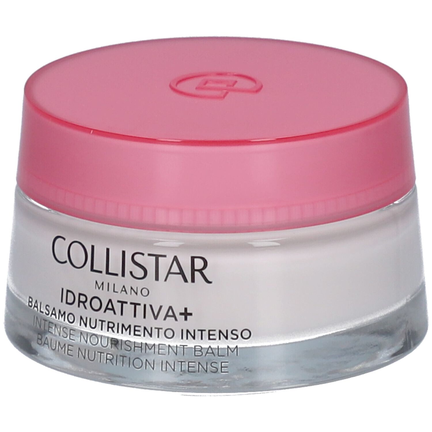 Pot de crème avec couvercle rose. Inscription : Collistar, Idroattiva+, Balsamo Nutrimento Intenso.
