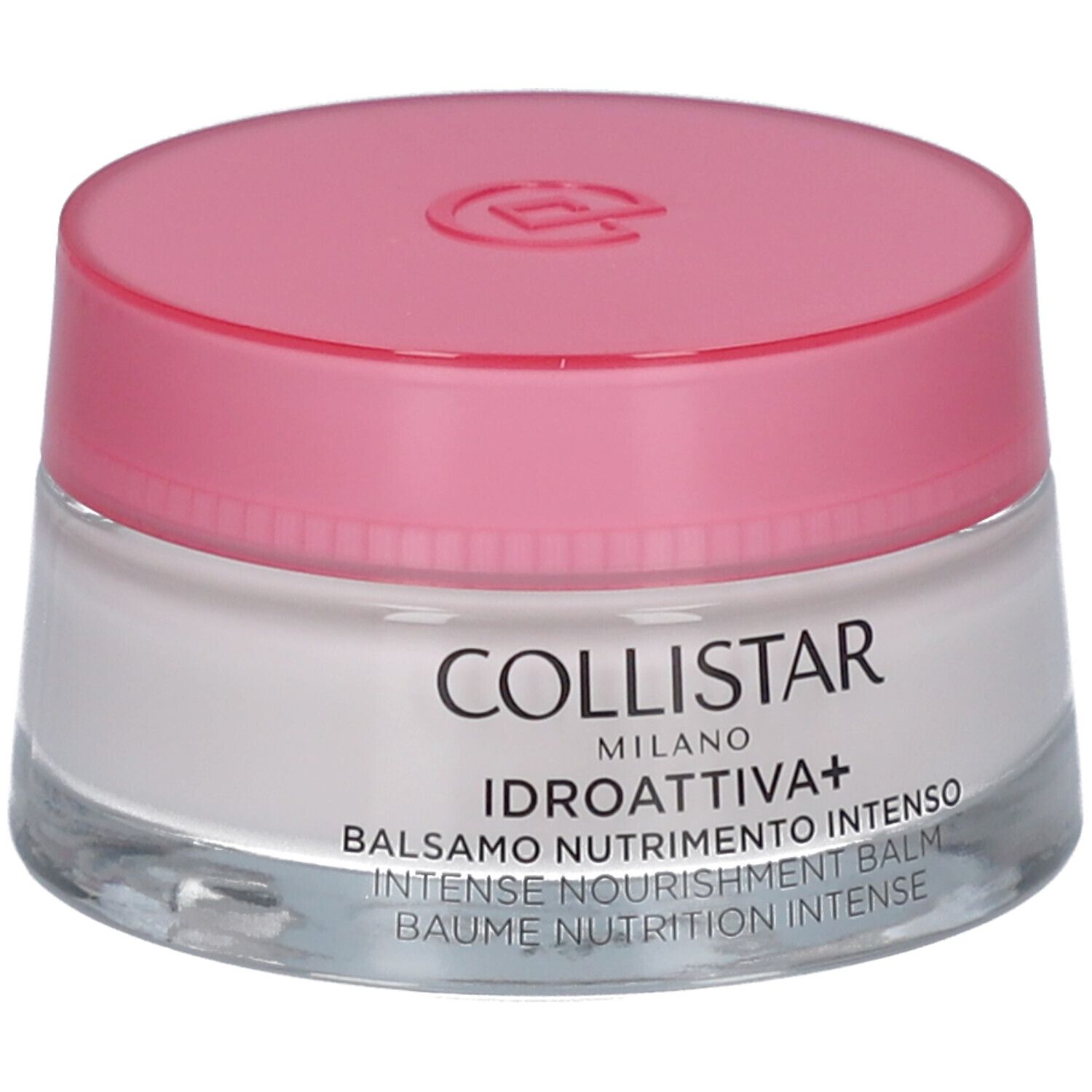Pot de crème avec couvercle rose. Inscription : Collistar, Idroattiva+, Balsamo Nutrimento Intenso.