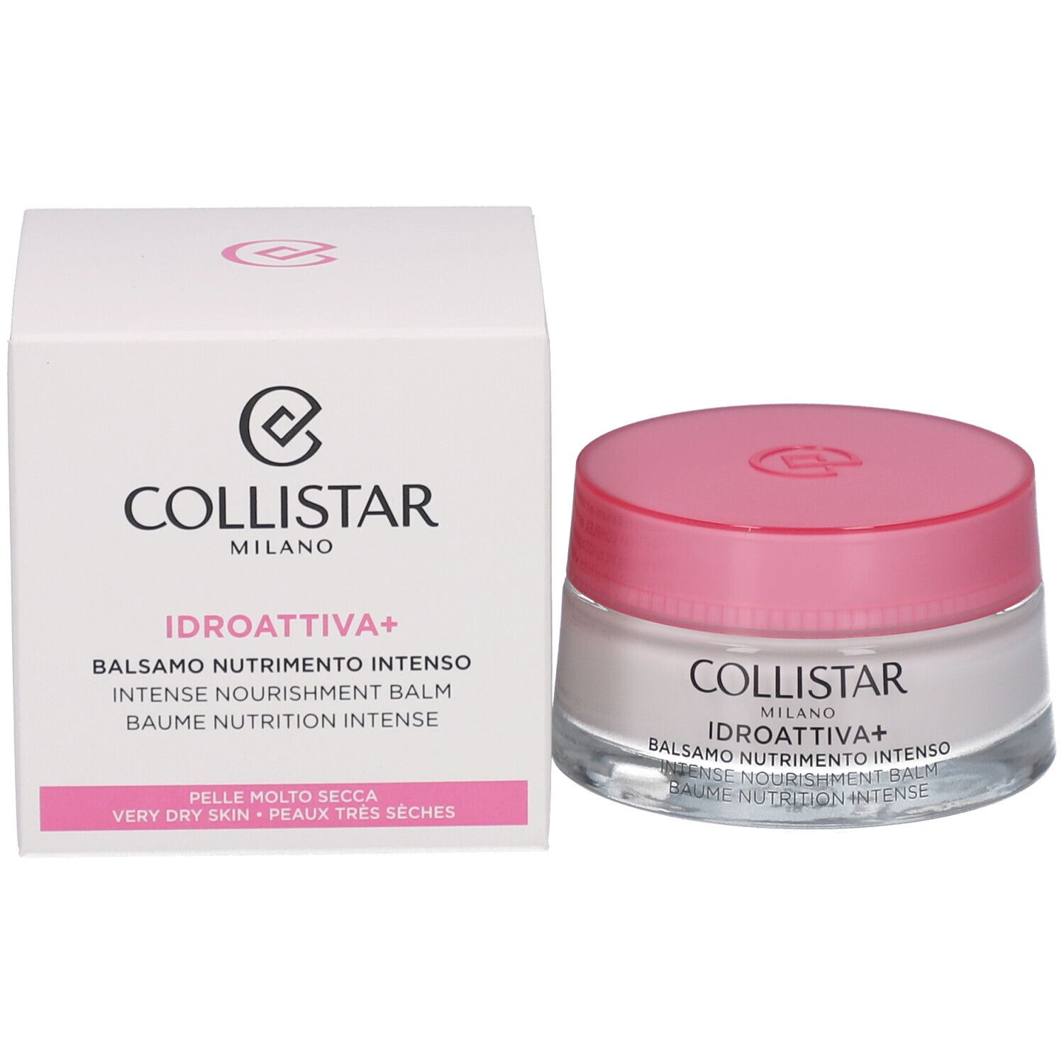 Pot de crème et emballage. Inscription : Collistar, Idroattiva+, Balsamo Nutrimento Intenso. Pour peaux très sèches.