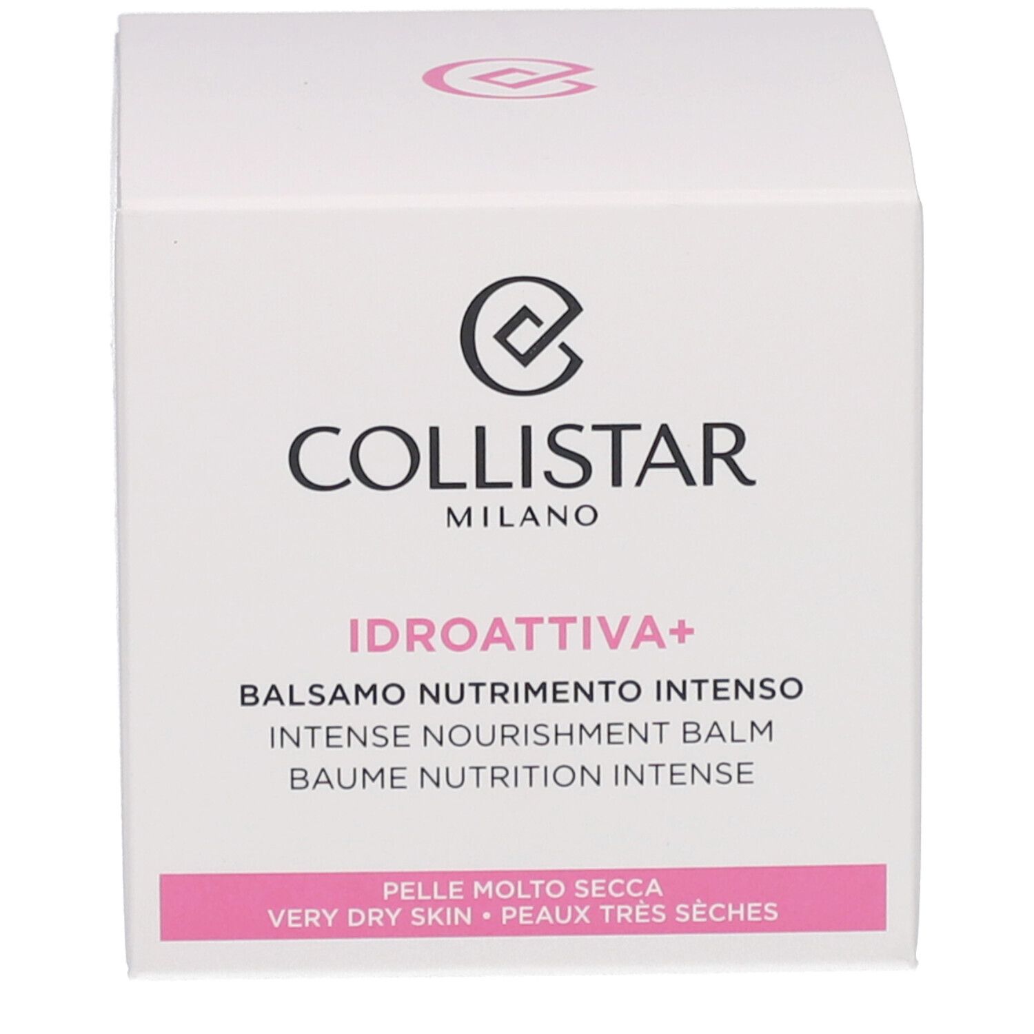 Emballage. Inscription : Collistar, Idroattiva+, Balsamo Nutrimento Intenso. Pour peaux très sèches.