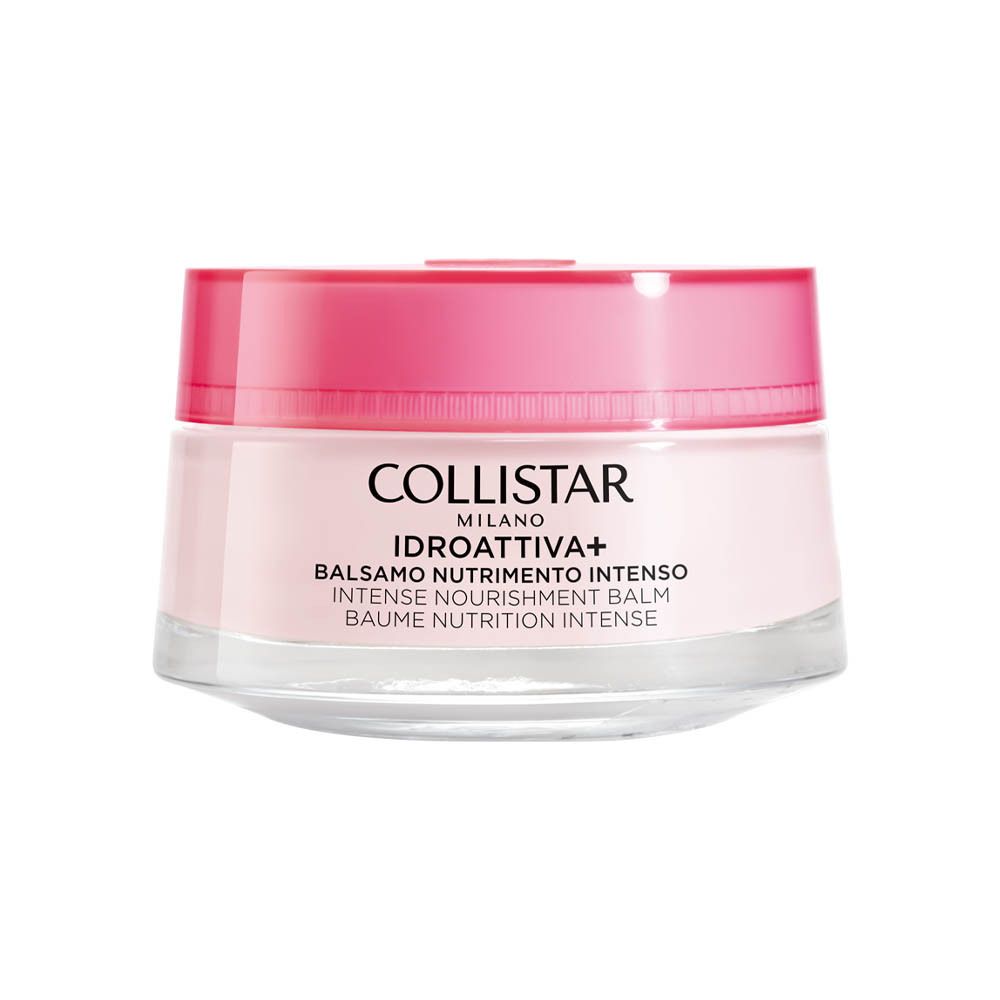 Pot de crème avec couvercle rose. Inscription : Collistar, Idroattiva+, Balsamo Nutrimento Intenso.