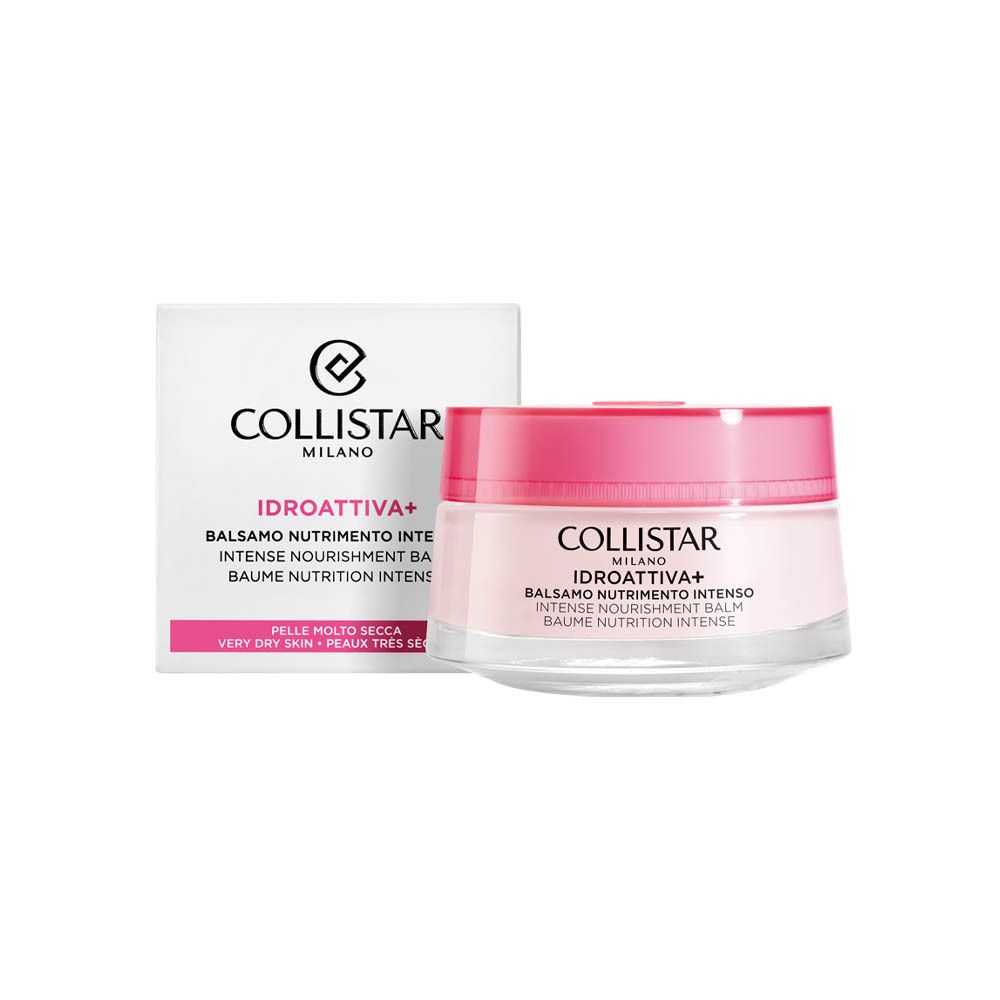 Pot de crème et emballage. Inscription : Collistar, Idroattiva+, Balsamo Nutrimento Intenso. Pour peaux très sèches.
