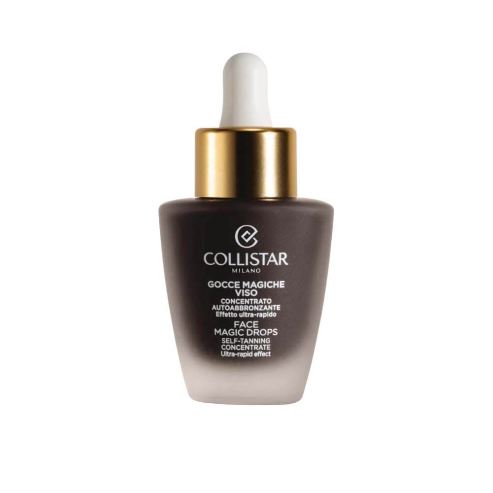 Flacon marron foncé avec bouchon doré et pipette. Inscription : Collistar, Face Magic Drops.