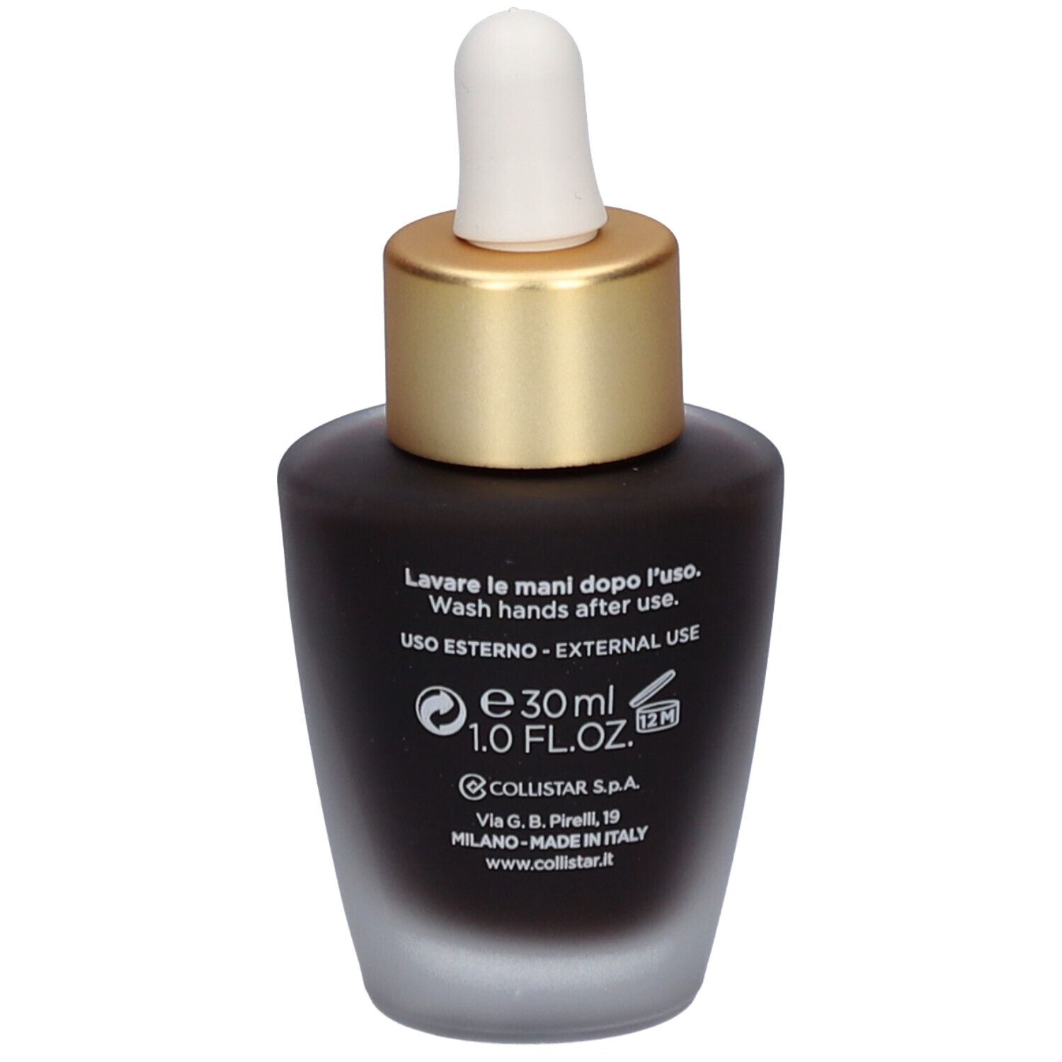 Dos du flacon. Inscription : Uso Esterno, 30 ml, Collistar Milano, Made in Italy.
