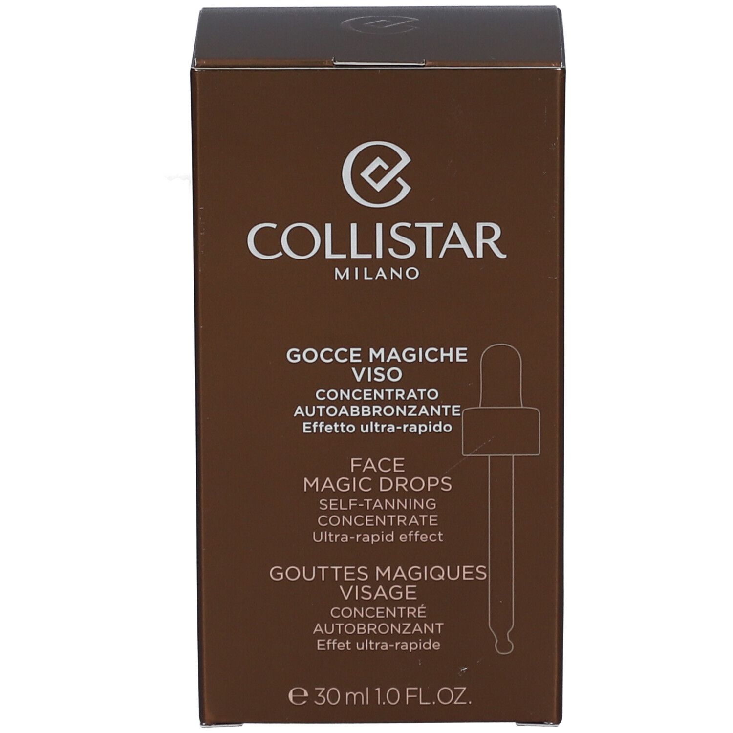 Emballage marron. Inscription : Collistar, Face Magic Drops, 30 ml.