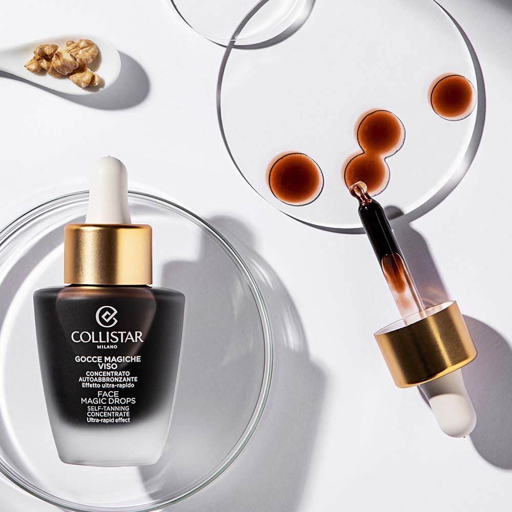Produit et accessoires. Inscription : Collistar, Face Magic Drops.