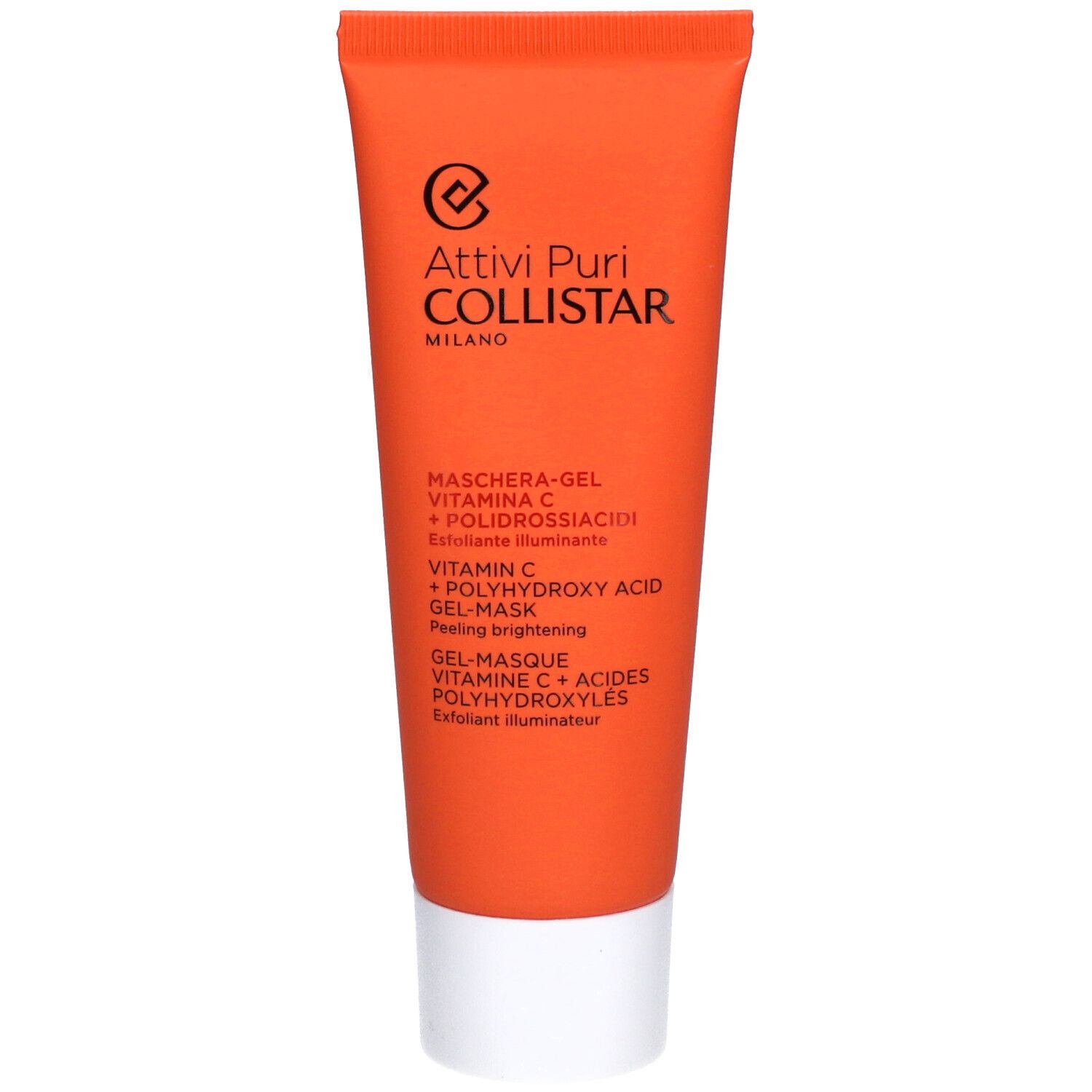 Tube orange avec bouchon blanc. Inscription : Attivi Puri Collistar, Maschera-Gel Vitamina C + Polidrossiacidi.