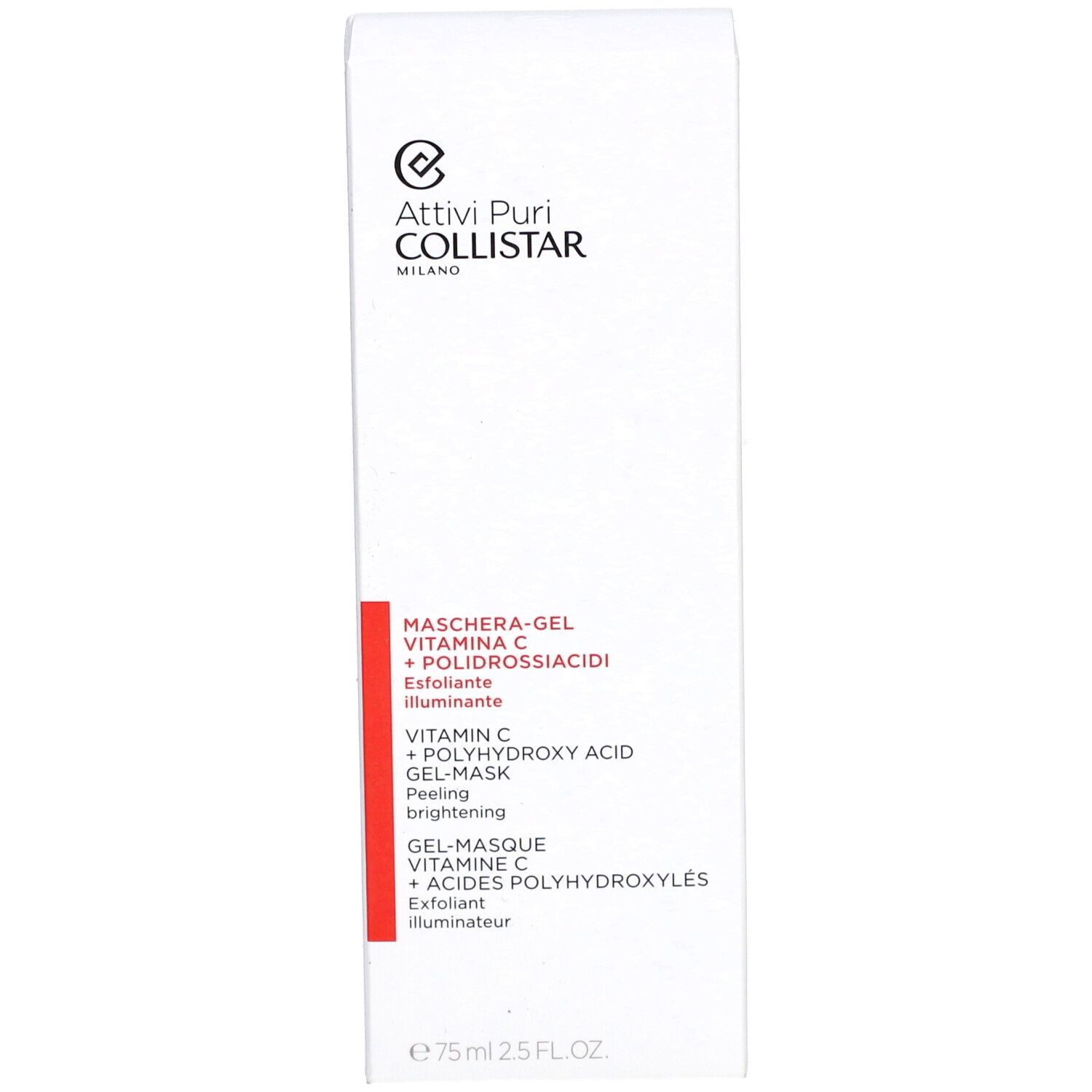 Boîte blanche avec bande rouge. Inscription : Attivi Puri Collistar, Maschera-Gel Vitamina C + Polidrossiacidi.