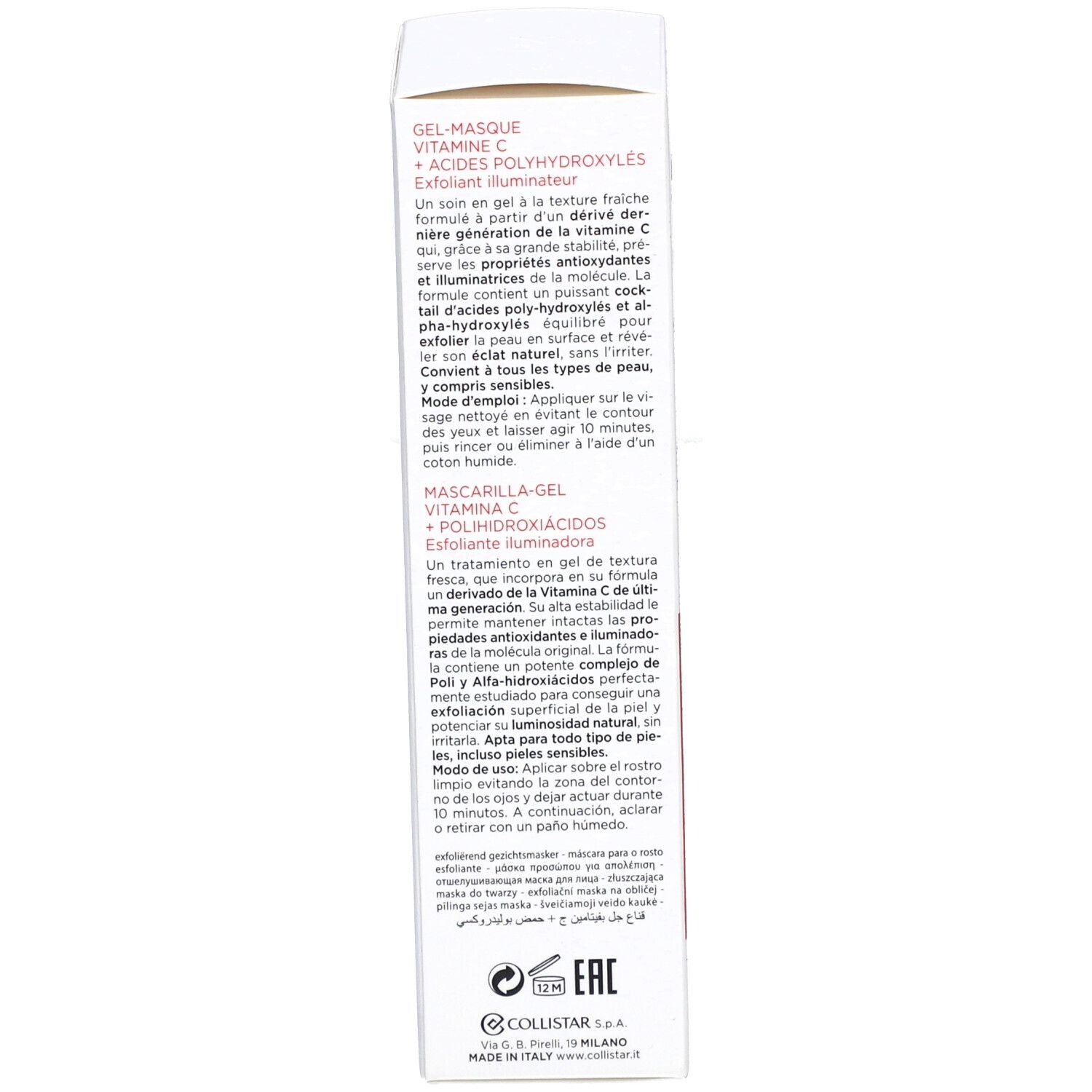 Dos de la boîte blanche. Texte multilingue. Testé dermatologiquement pour peaux sensibles.