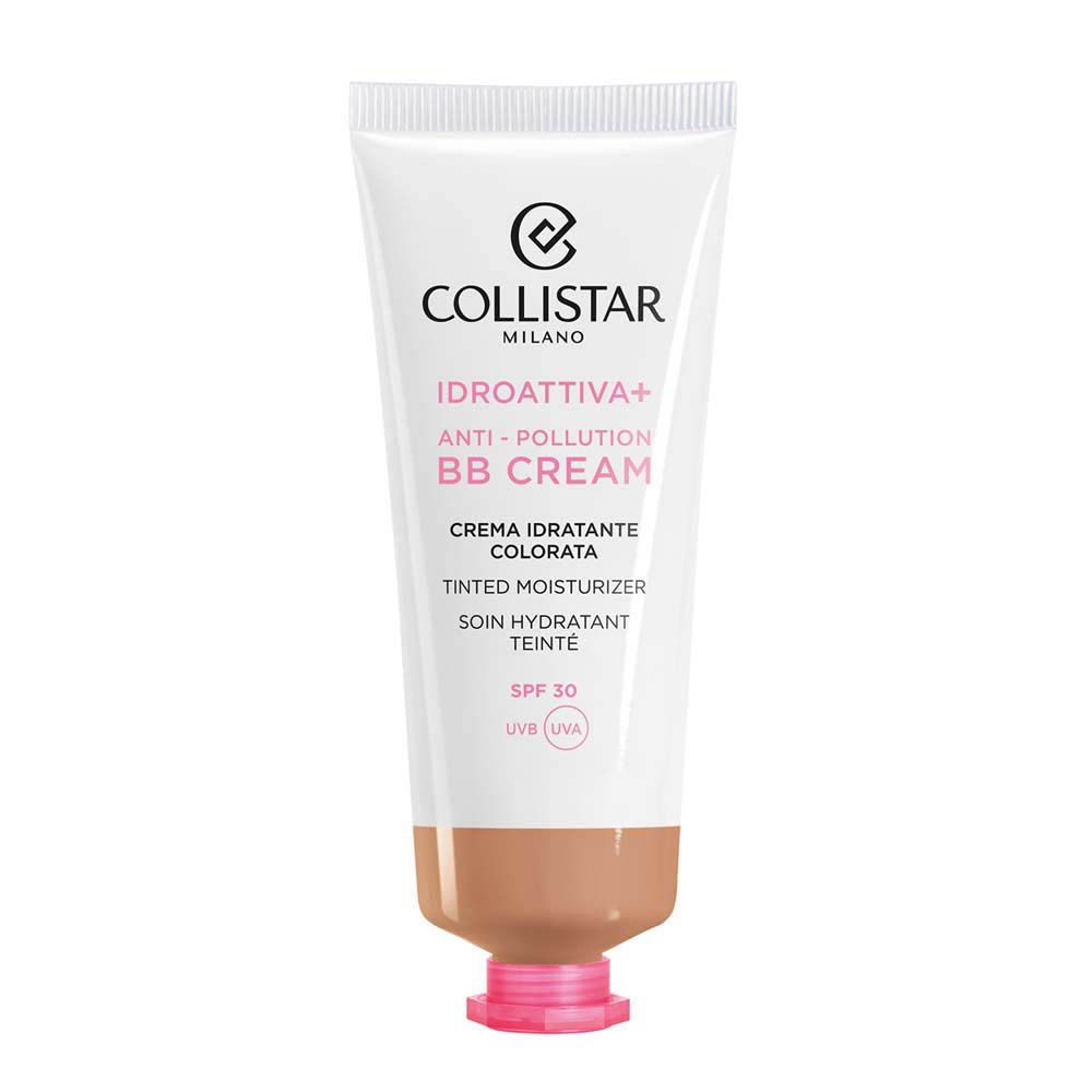 Tube de crème teintée Collistar. Tube blanc avec crème teintée. SPF 30. Texte en italien et anglais.