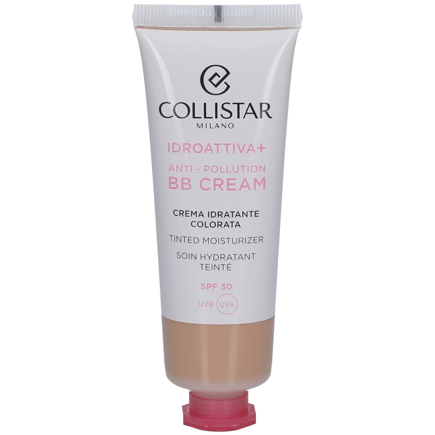 Tube de crème teintée Collistar. Tube blanc et beige avec crème teintée. SPF 30. Texte en italien et anglais.