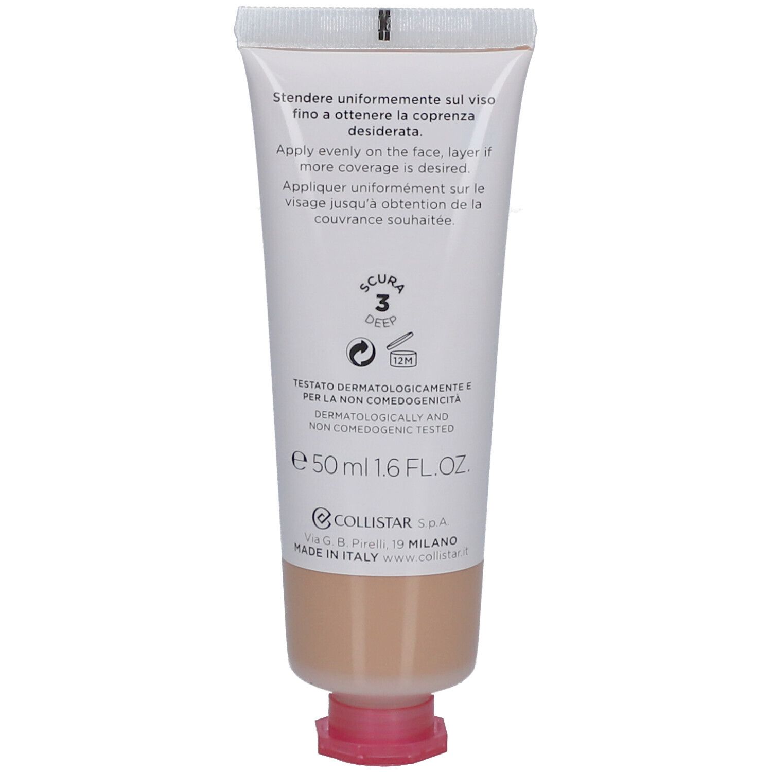 Dos du tube de crème teintée Collistar. Texte en italien et anglais. 50 ml. Testé dermatologiquement.