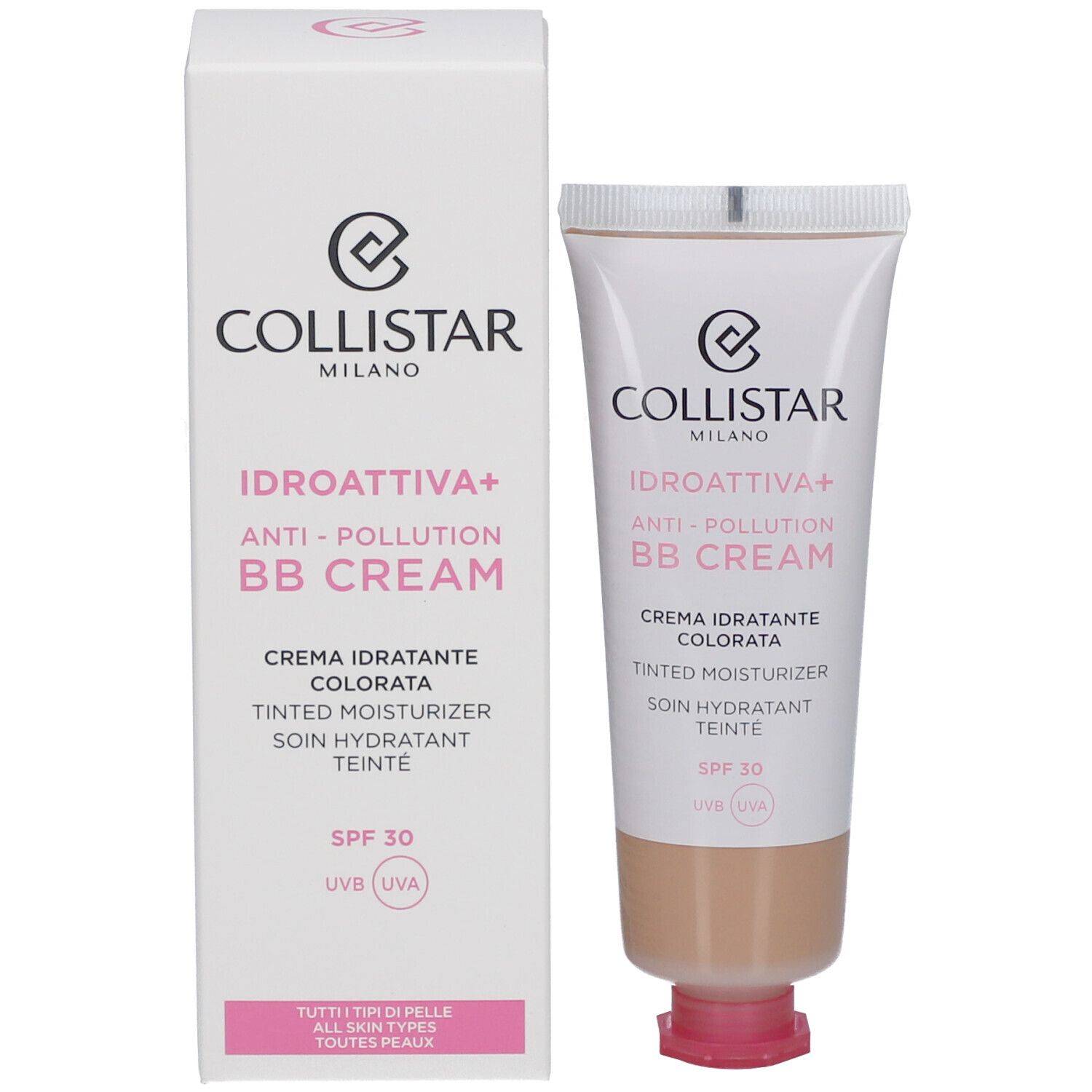 Collistar BB Cream et emballage. Emballage blanc avec tube. Texte en italien et anglais. SPF 30.