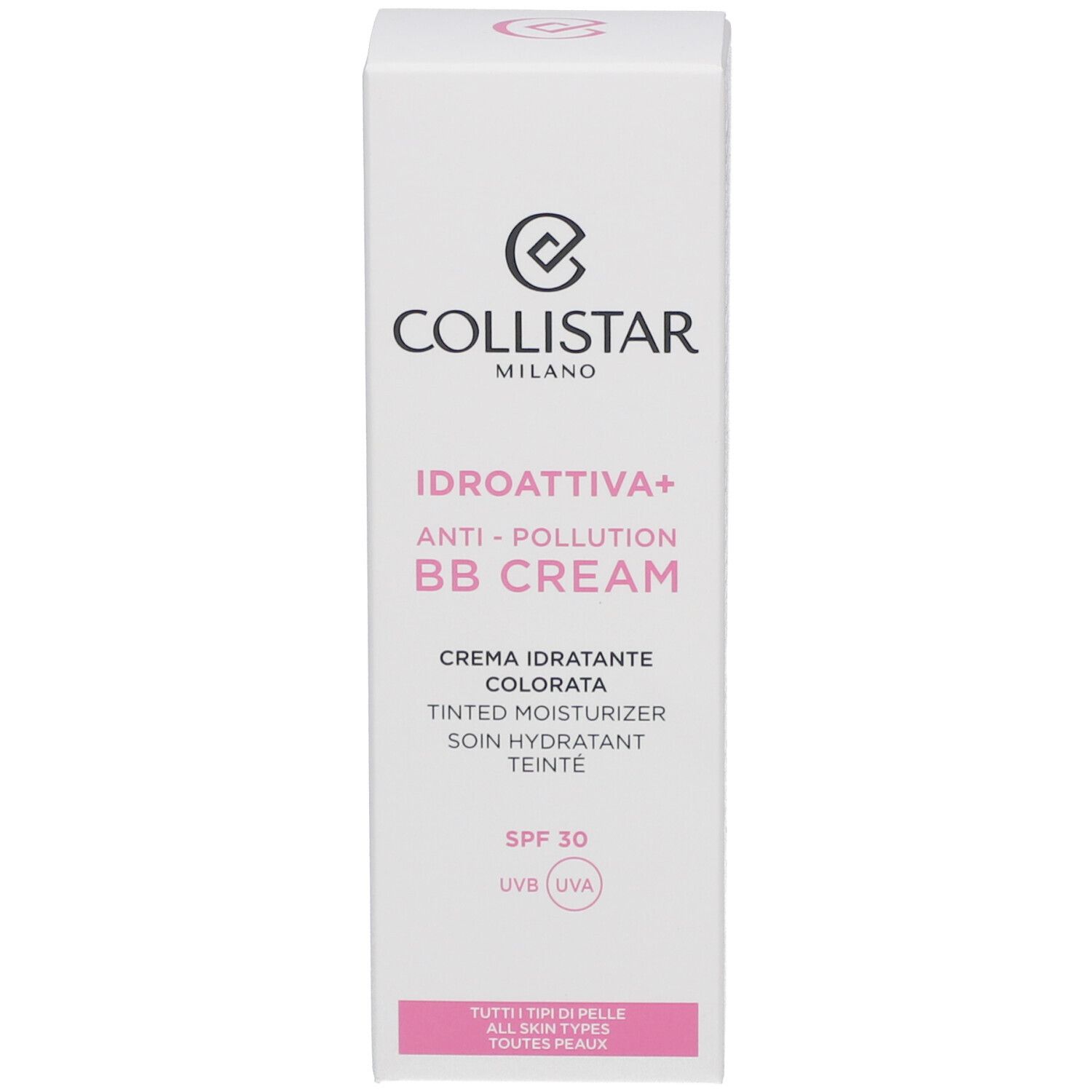 Emballage de la crème teintée Collistar. Emballage blanc avec texte en italien et anglais. SPF 30.