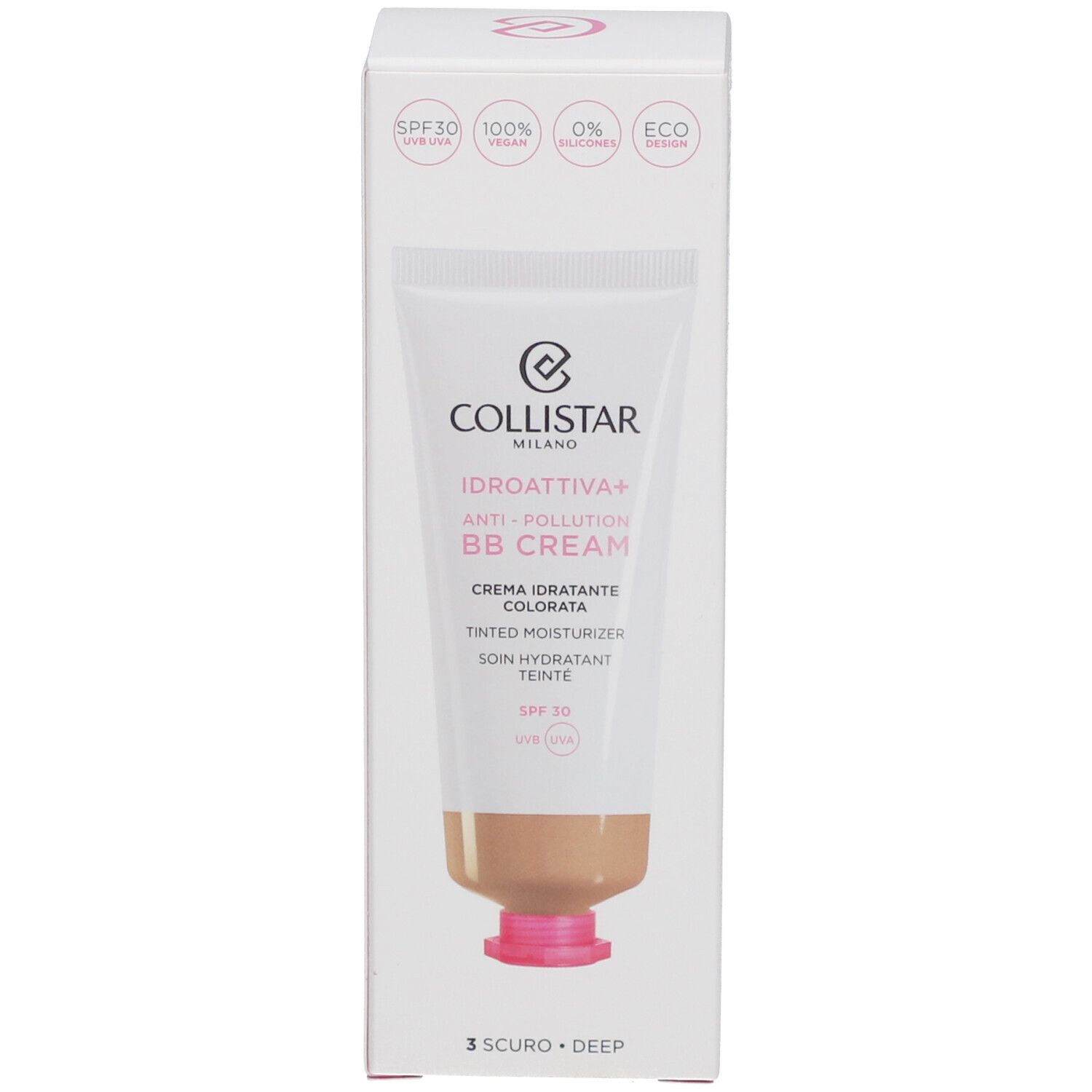 Collistar BB Cream avec emballage. Tube et emballage. Texte en italien et anglais. SPF 30.