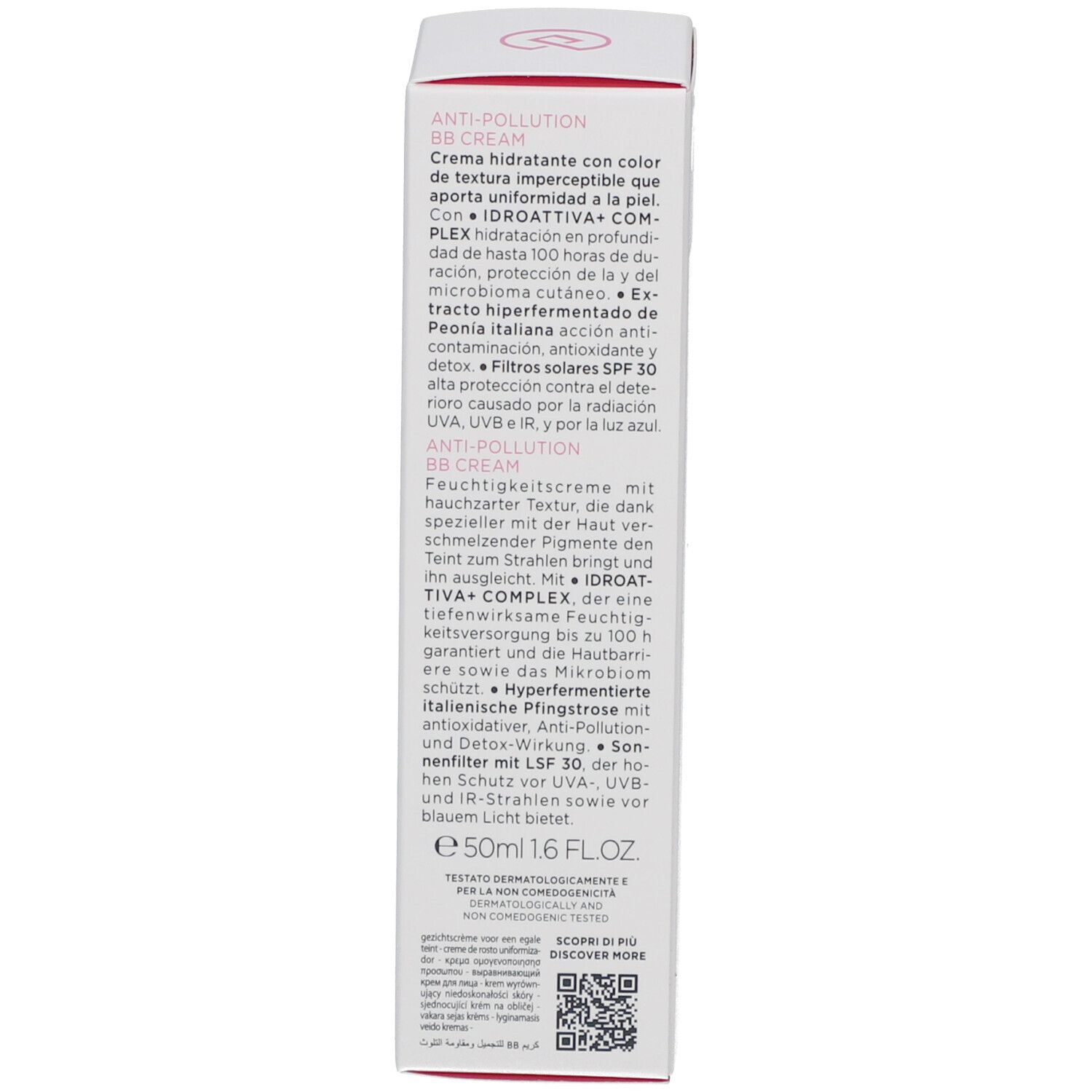 Dos de l'emballage de la crème teintée Collistar. Texte en italien et anglais. 50ml. Ingrédients.
