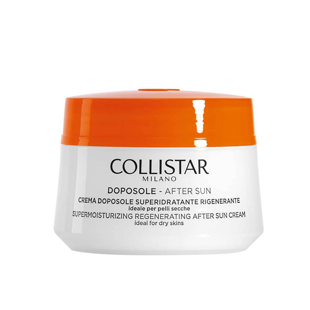 Pot de crème avec couvercle orange. Inscription : COLLISTAR, DOPOSOLE - AFTER SUN, SUPERMOISTURIZING REGENERATING AFTER SUN CREAM.