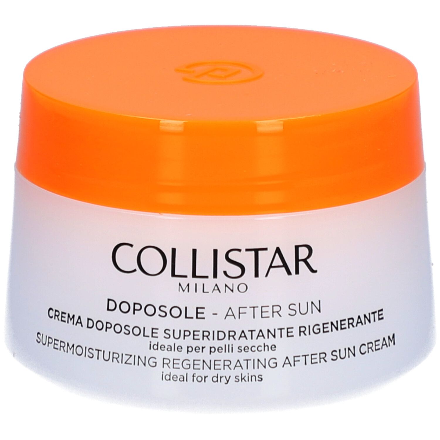 Creme-Tiegel mit orangefarbenem Deckel. Aufschrift: COLLISTAR, DOPOSOLE - AFTER SUN, SUPERMOISTURIZING REGENERATING AFTER SUN CREAM.