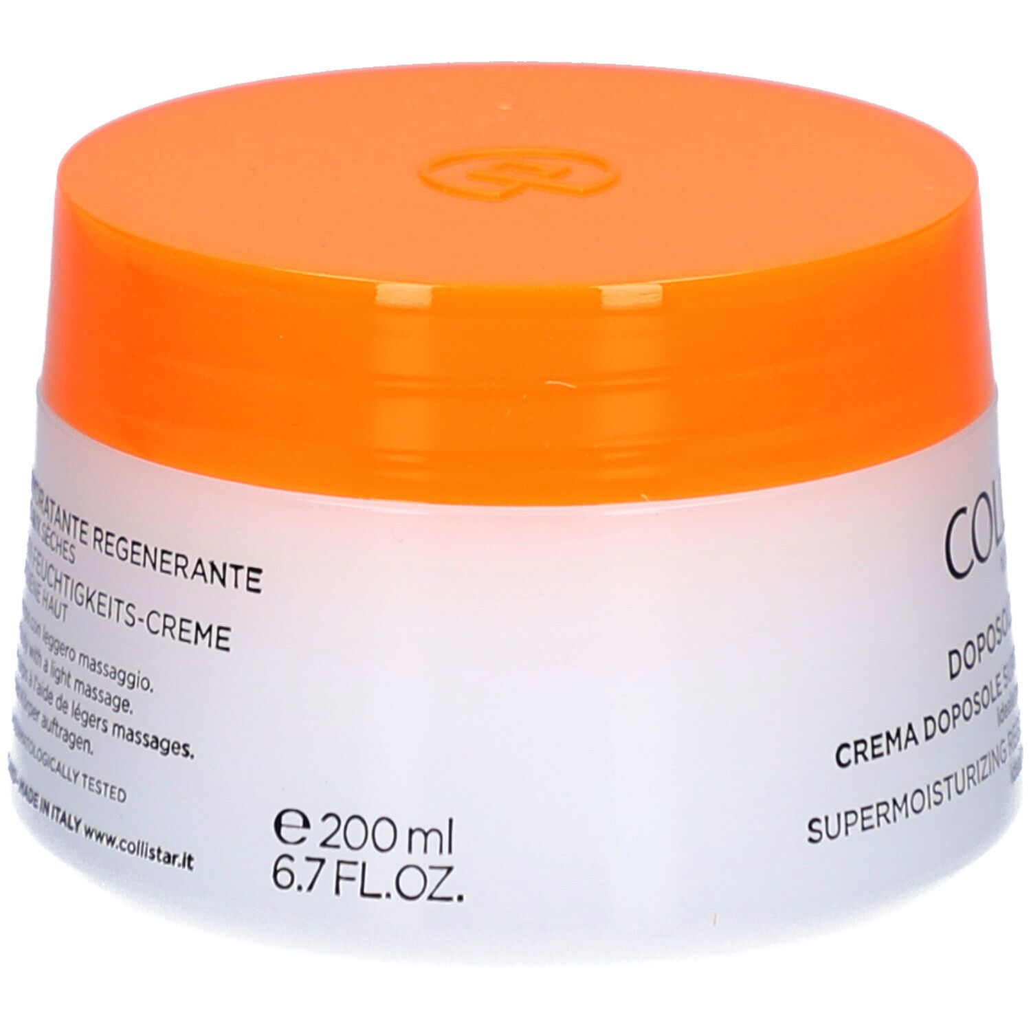Creme-Tiegel mit orangefarbenem Deckel. Aufschrift: DOPOSOLE, CREMA DOPOSOLE SUPERIDRATANTE RIGENERANTE, e 200 ml, 6.7 FL.OZ.
