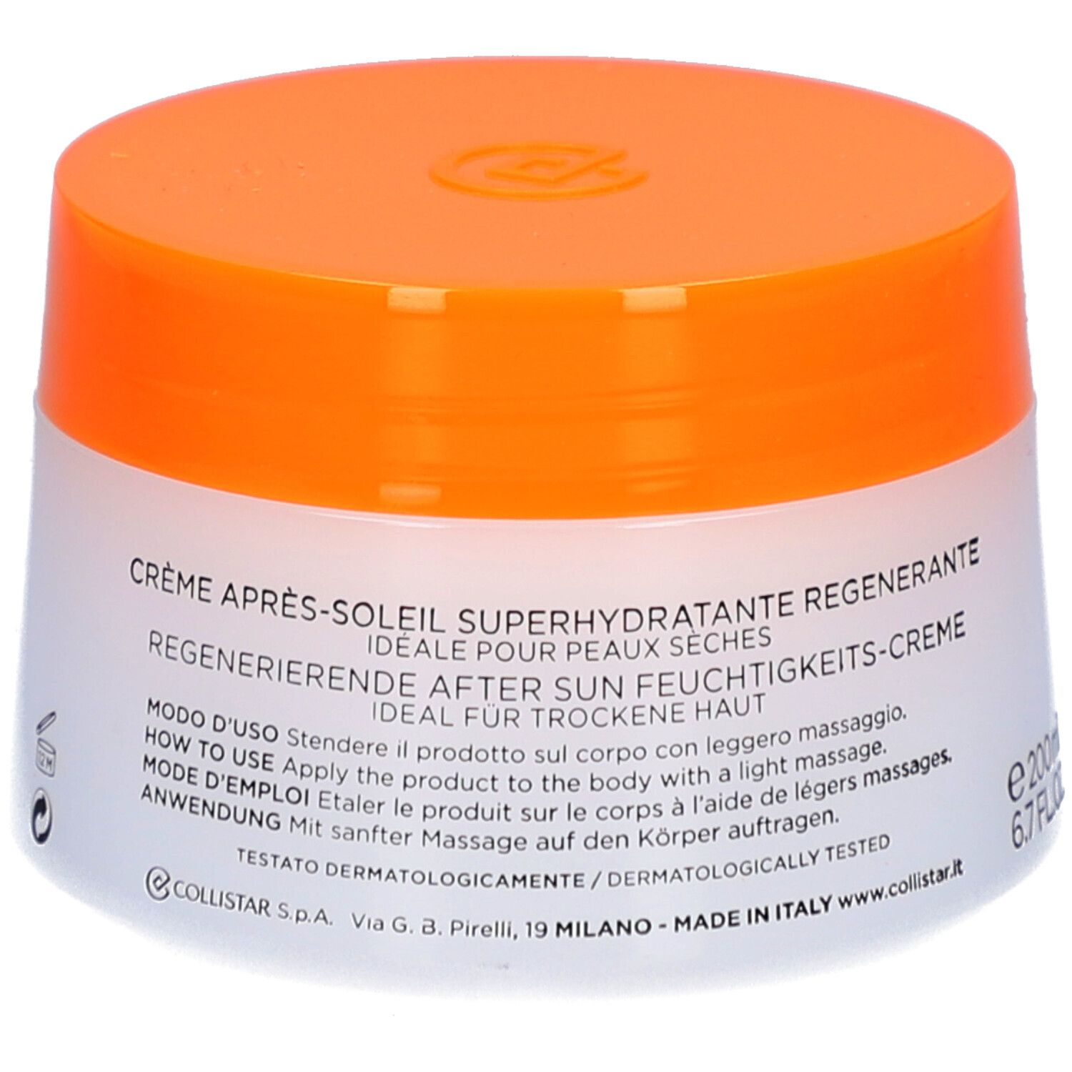 Creme-Tiegel mit orangefarbenem Deckel. Aufschrift: CRÈME APRÈS-SOLEIL SUPERHYDRATANTE RÉGÉNÉRANTE, ideal für trockene Haut, e 200 ml, 6.7 FL.OZ.