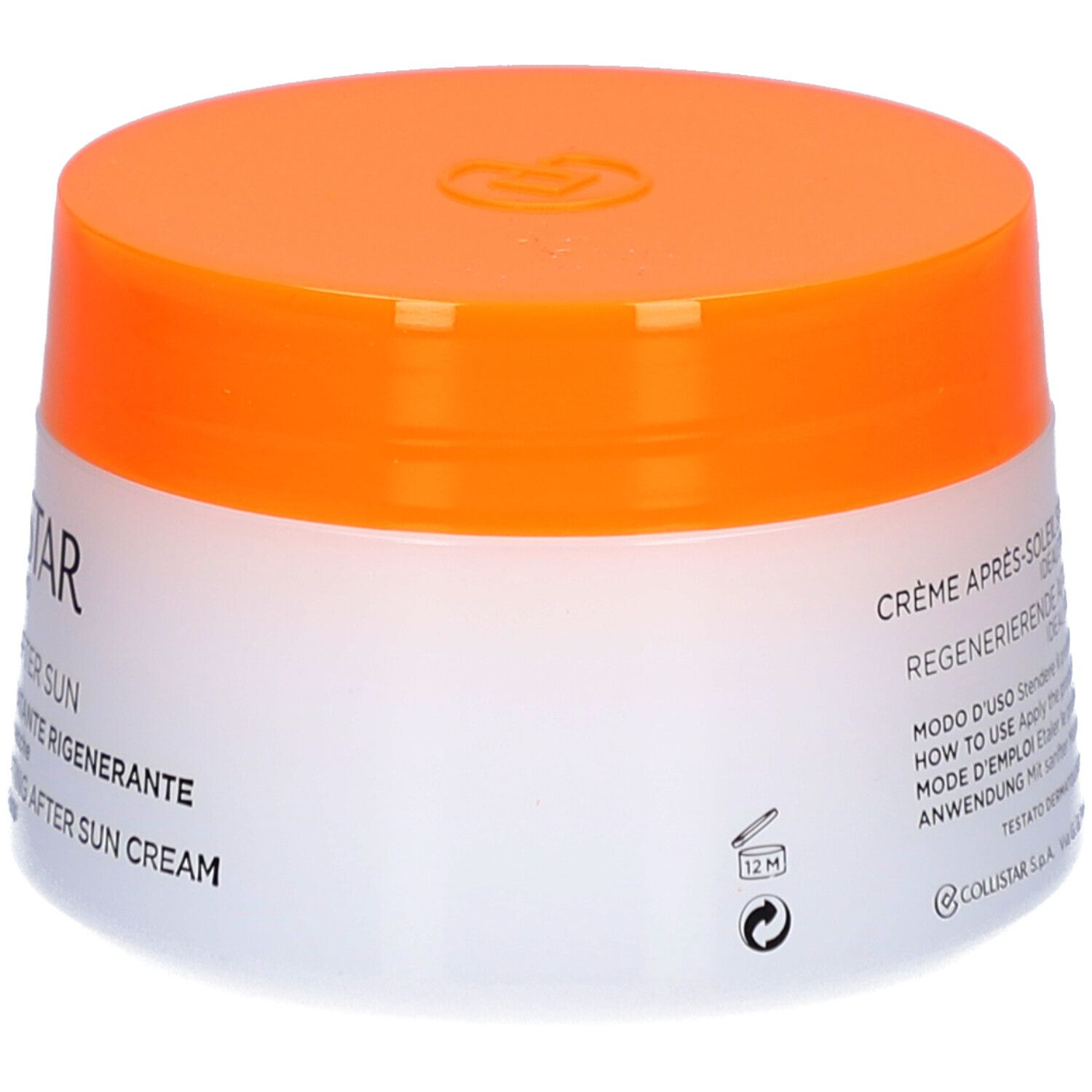 Creme-Tiegel mit orangefarbenem Deckel. Aufschrift: CRÈME APRÈS-SOLEIL, 12M-Symbol, COLLISTAR S.p.A.