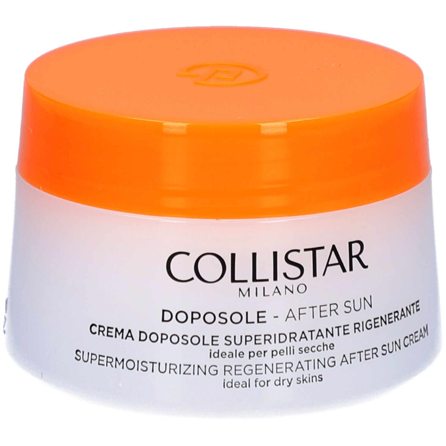Creme-Tiegel mit orangefarbenem Deckel. Aufschrift: COLLISTAR, DOPOSOLE - AFTER SUN, SUPERMOISTURIZING REGENERATING AFTER SUN CREAM.