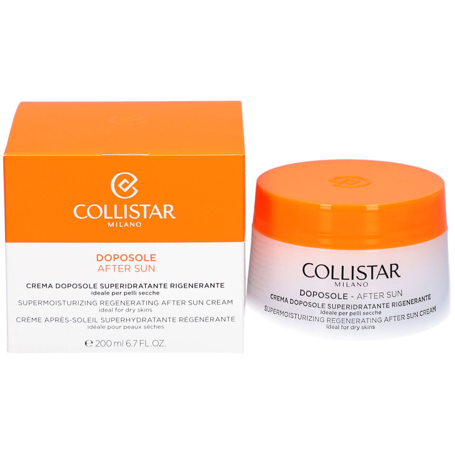 Creme-Tiegel und Schachtel. Aufschrift: COLLISTAR, DOPOSOLE - AFTER SUN, SUPERMOISTURIZING REGENERATING AFTER SUN CREAM, e 200 ml.