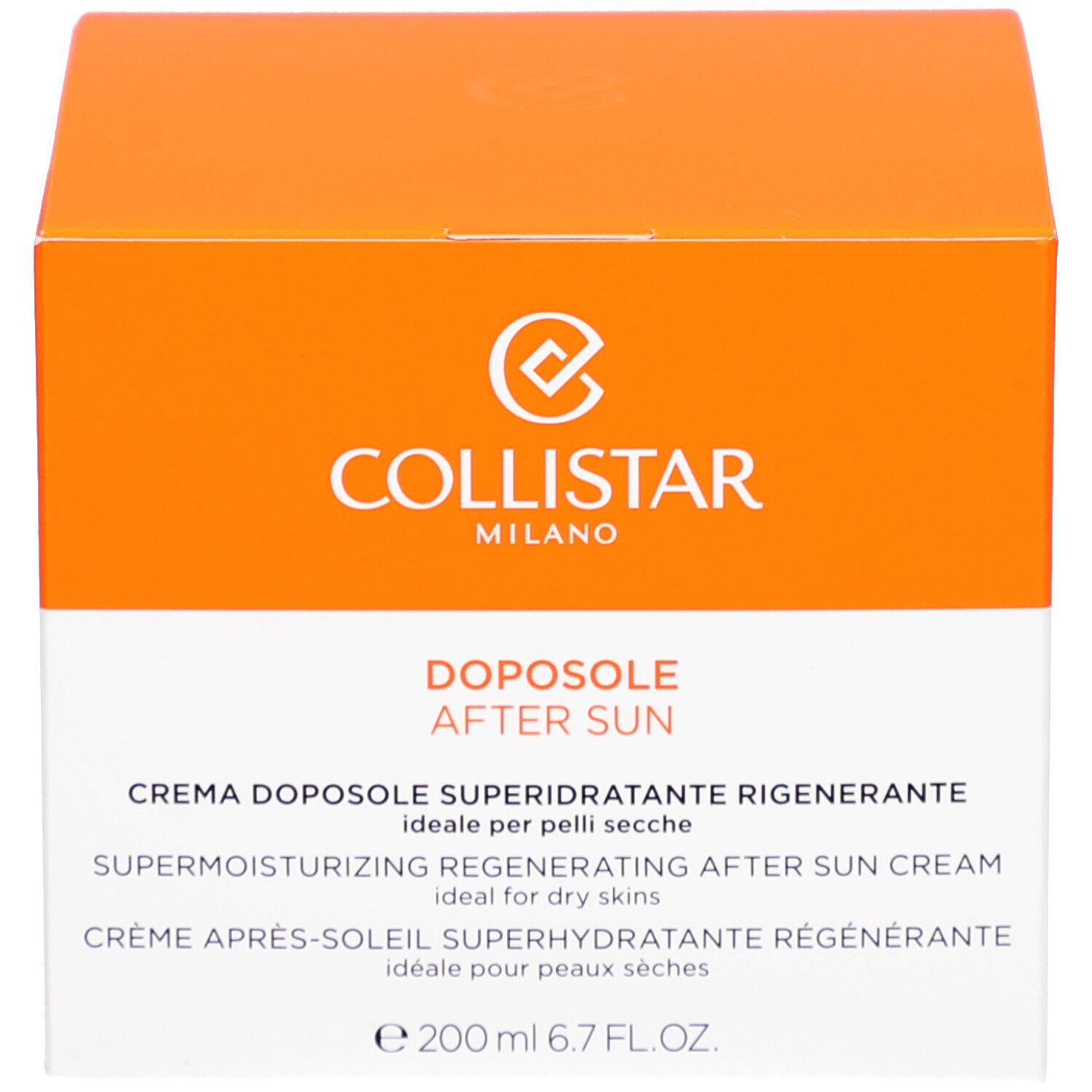 Schachtel mit orangefarbenem Deckel. Aufschrift: COLLISTAR, DOPOSOLE - AFTER SUN, SUPERMOISTURIZING REGENERATING AFTER SUN CREAM, e 200 ml.