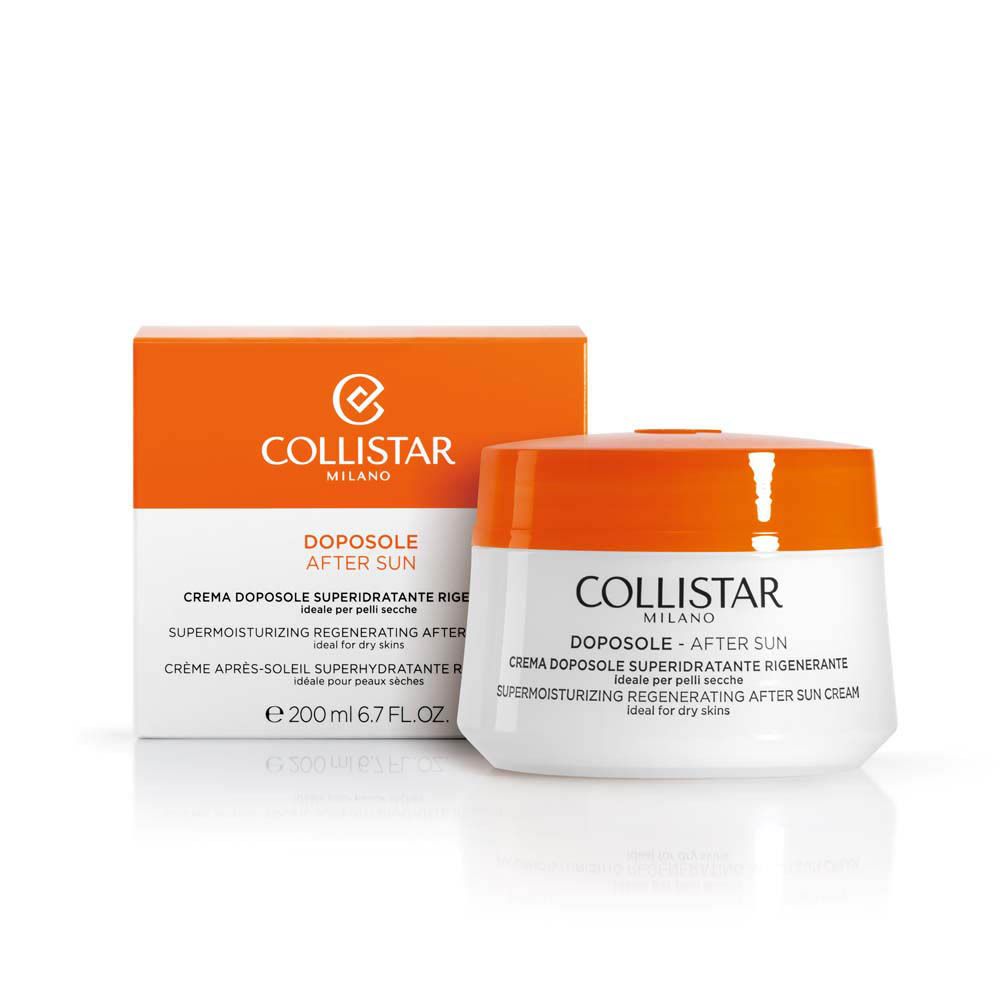 Pot de crème et boîte. Inscription : COLLISTAR, DOPOSOLE - AFTER SUN, SUPERMOISTURIZING REGENERATING AFTER SUN CREAM, e 200 ml.