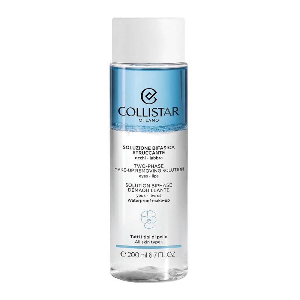 Solution démaquillante biphasée. Flacon avec bouchon blanc. Liquide bleu et clair. Texte : Collistar, yeux, lèvres.