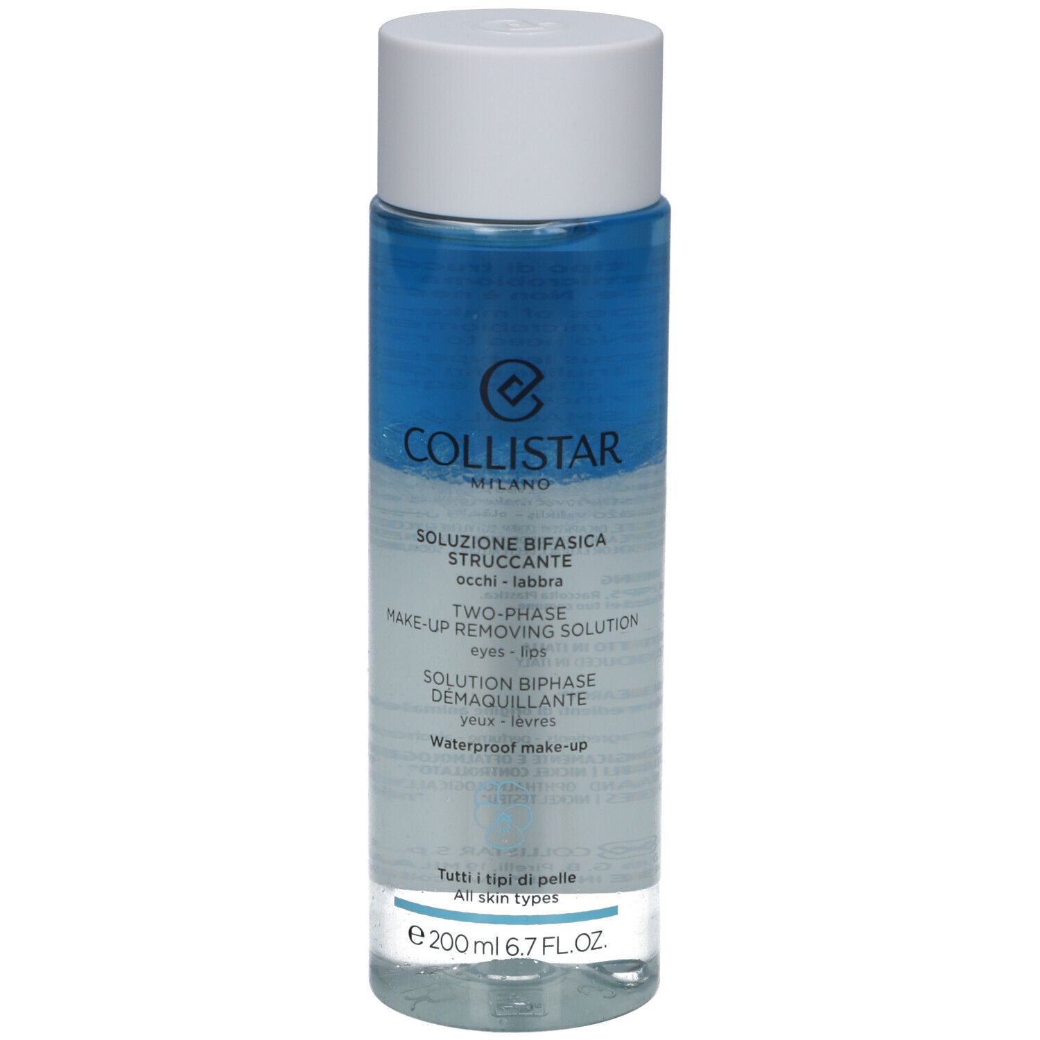 Zweiphasige Make-up-Entferner-Lösung. Flasche mit weißem Deckel. Blaue und klare Flüssigkeit. Text: Collistar, Augen, Lippen.